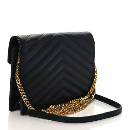 Saint Laurent Grain De Poudre Matelasse Chevron Monogram Envelope Chain Wallet Black 2 of 8
