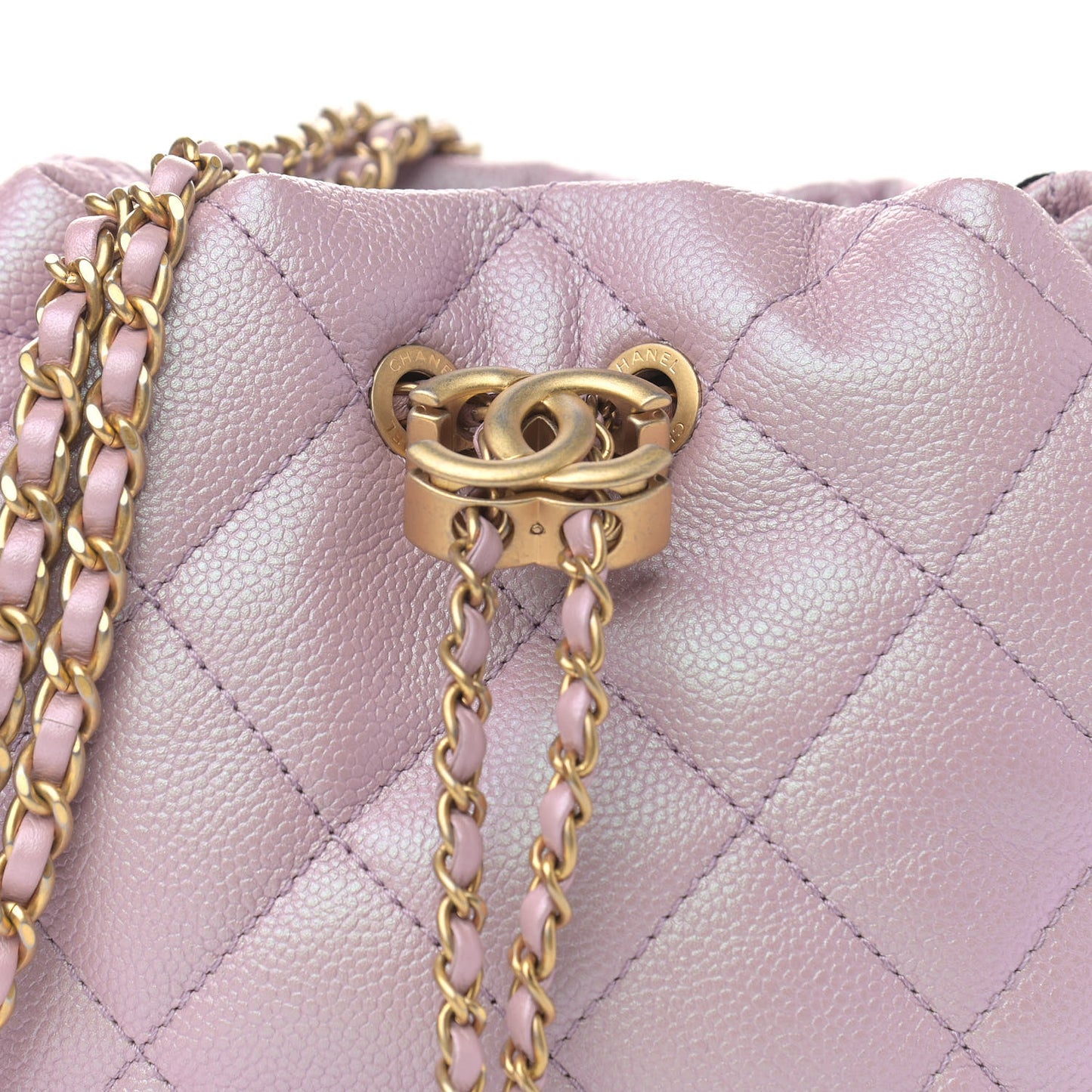 Iridescent Caviar Quilted My Perfect CC Bucket Drawstring Bag Pink