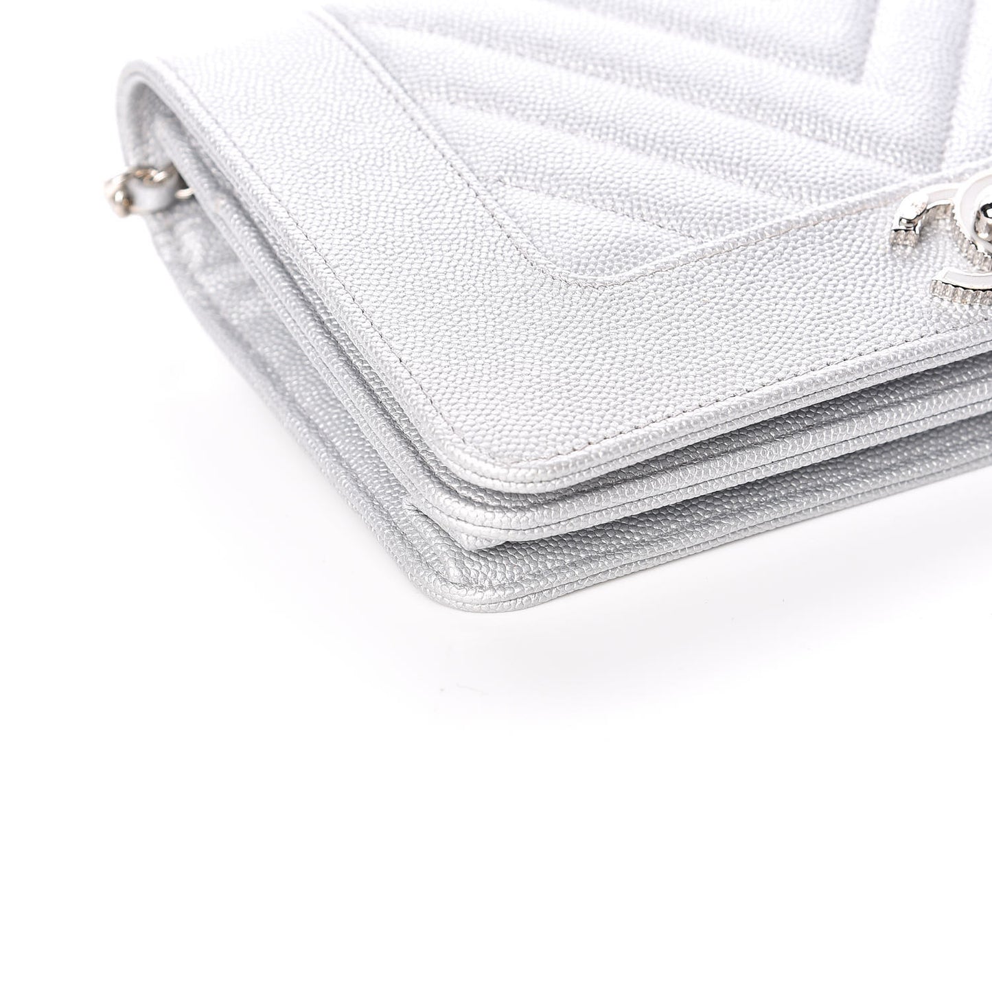 Metallic Caviar Chevron Quilted Vintage Mademoiselle Wallet On Chain WOC Silver