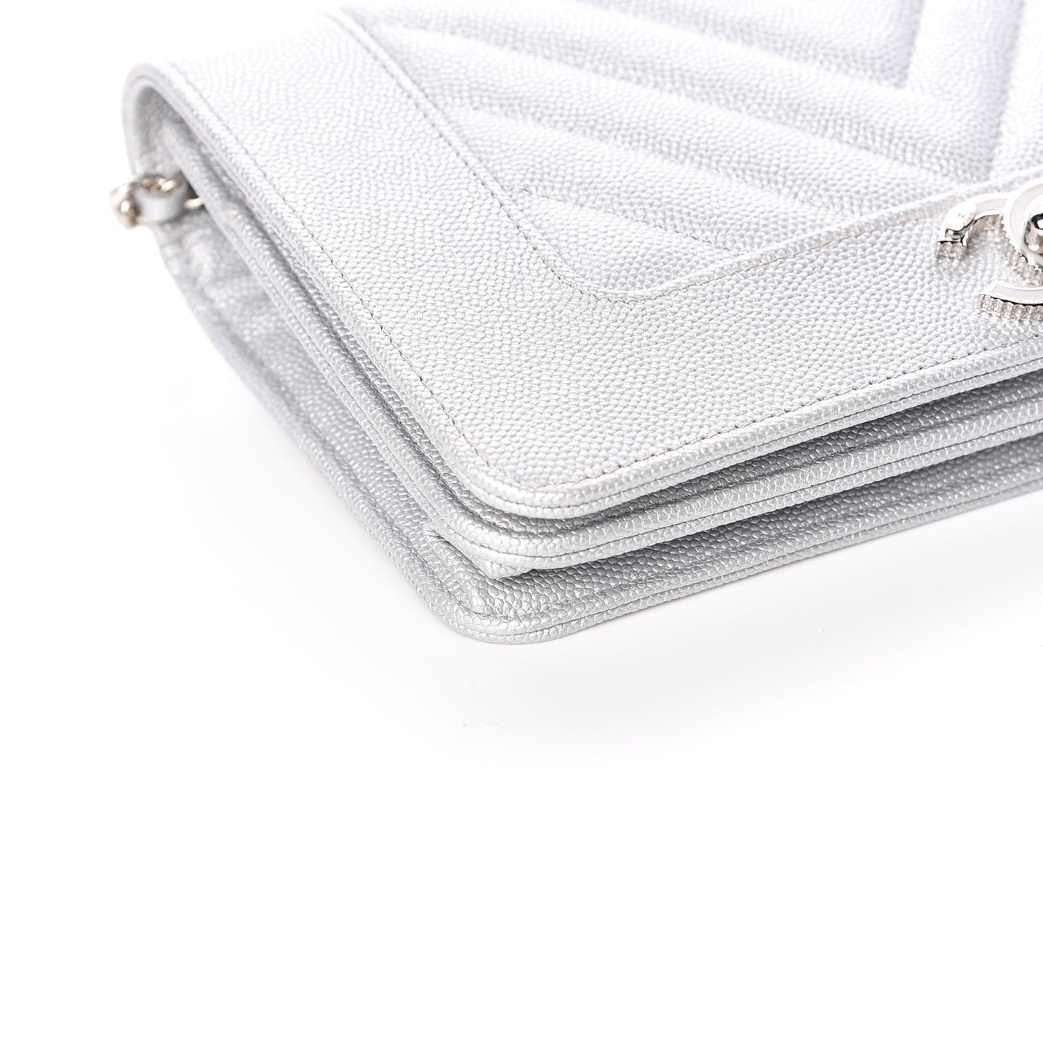 Chanel Metallic Caviar Chevron Quilted Vintage Mademoiselle Wallet On Chain WOC Silver 9 of 12