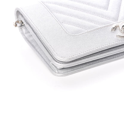 Chanel Metallic Caviar Chevron Quilted Vintage Mademoiselle Wallet On Chain WOC Silver 9 of 12