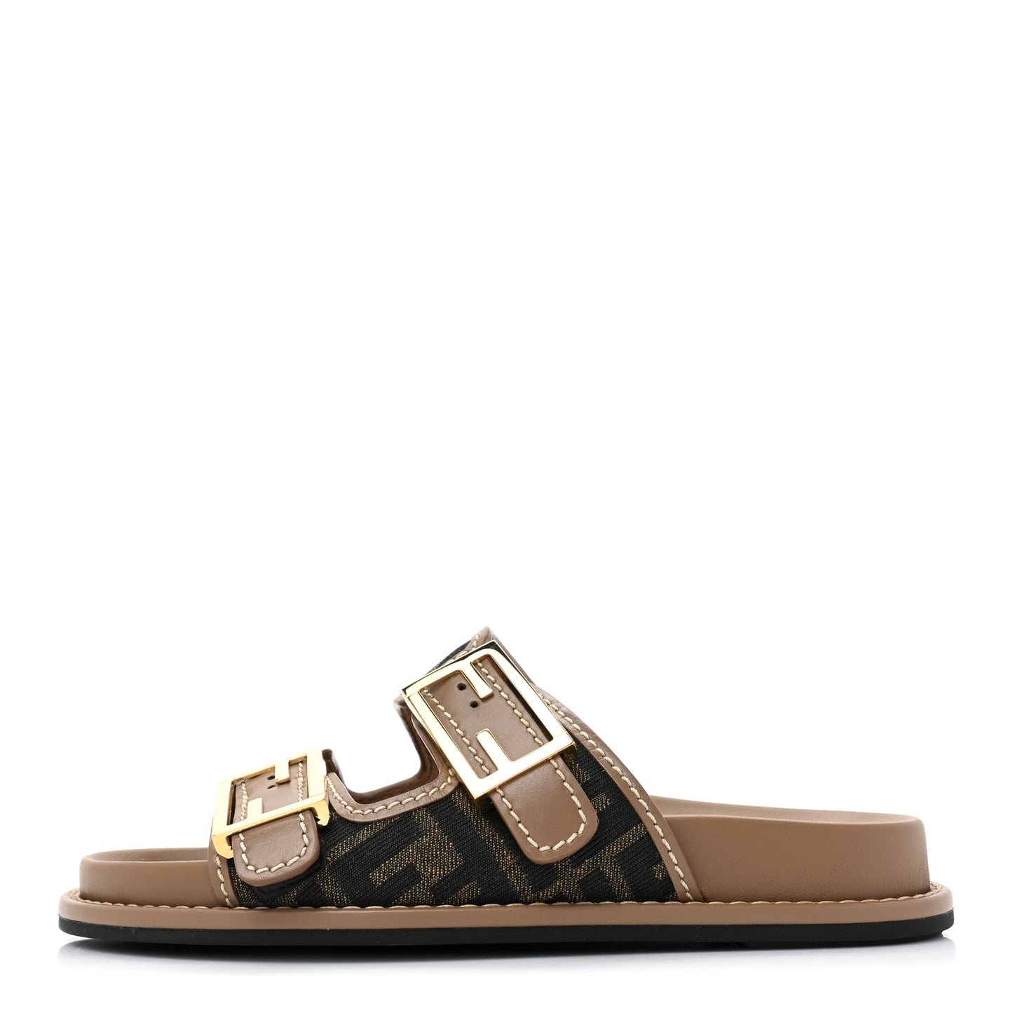 Fabric Jacquard Nappa FF Womens Fendi Feel Buckled Slide Sandals 35 Tobacco Black Miele Scuro