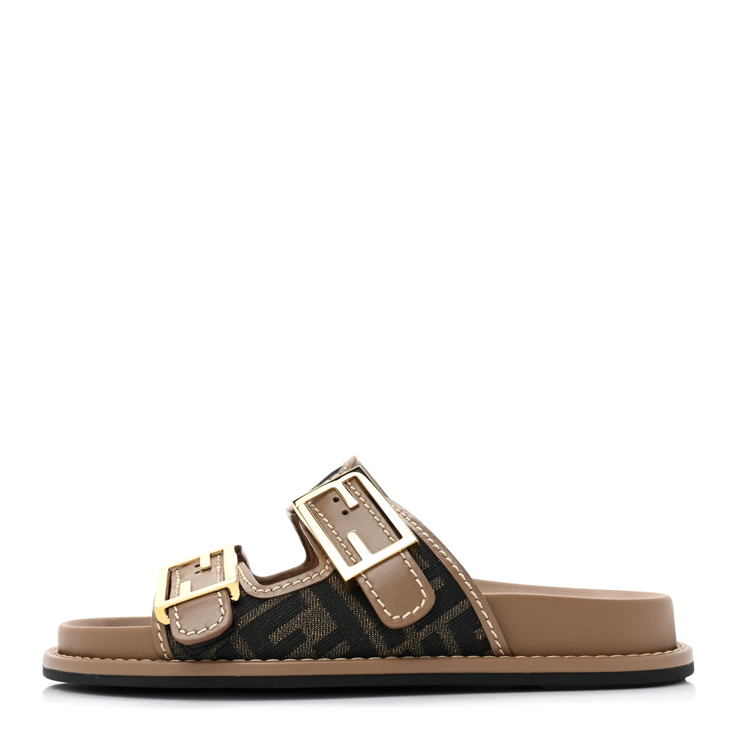 Fendi Fabric Jacquard Nappa FF Womens Fendi Feel Buckled Slide Sandals 35 Tobacco Black Miele Scuro 1 of 8