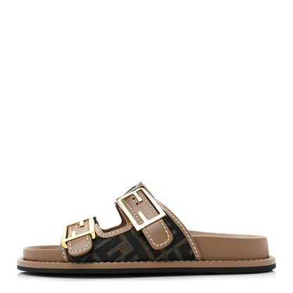 Fendi Fabric Jacquard Nappa FF Womens Fendi Feel Buckled Slide Sandals 35 Tobacco Black Miele Scuro 1 of 8