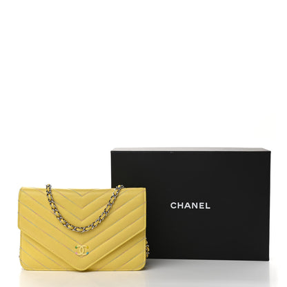 Chanel Lambskin Chevron Quilted Wallet On Chain WOC Yellow 11 of 11