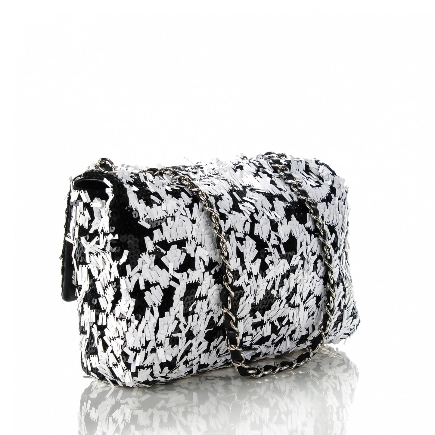 Sequin Embroidered Medium Flap Black White