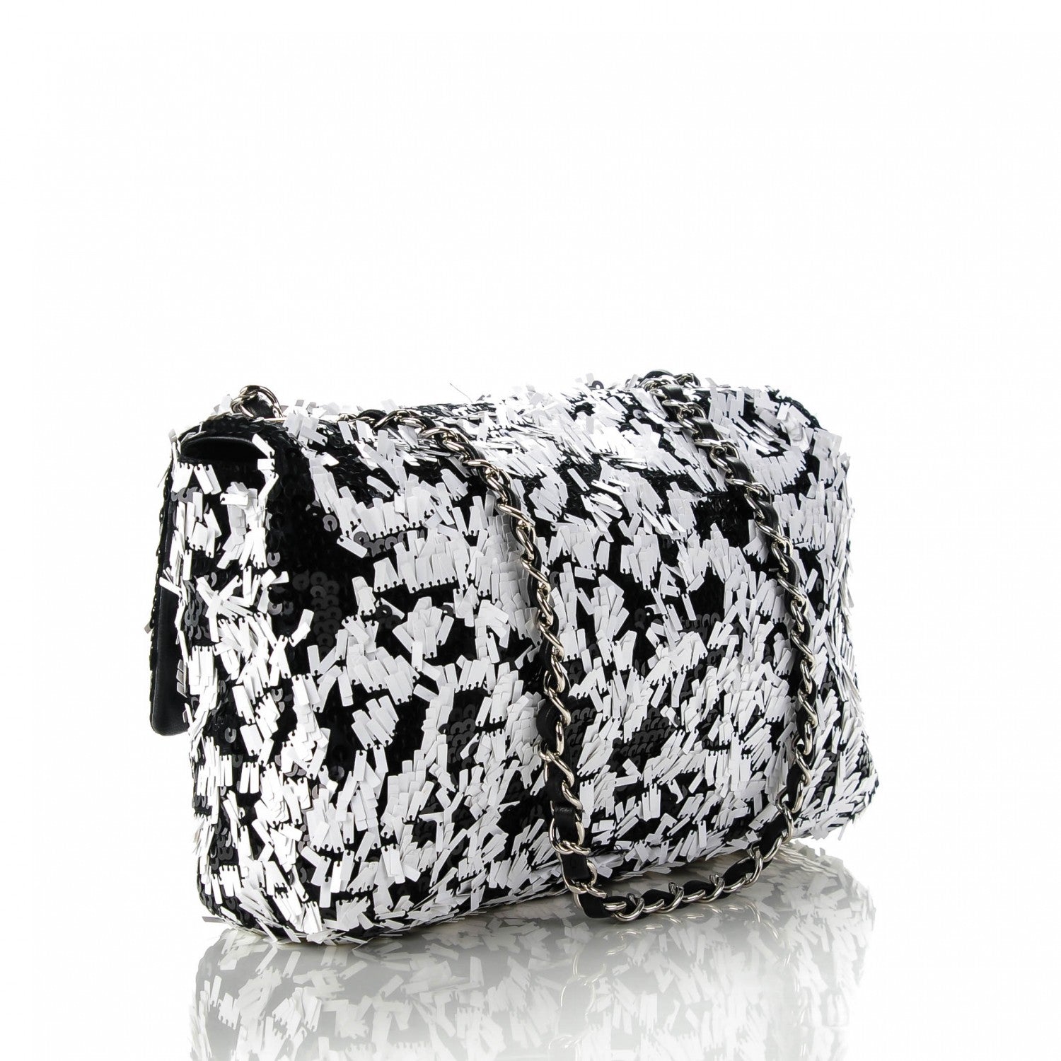 Chanel Sequin Embroidered Medium Flap Black White 3 of 8