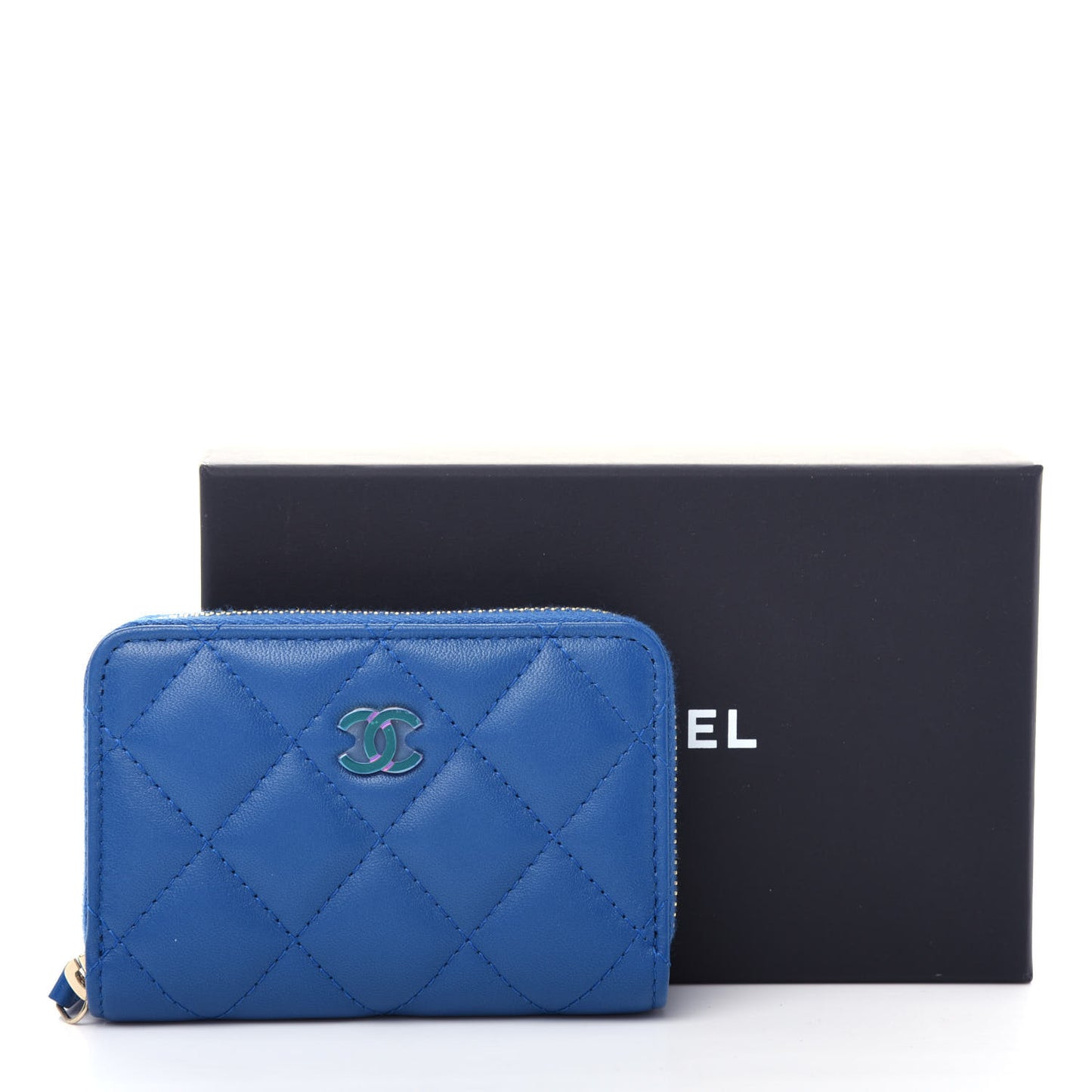 Lambskin Quilted Zip Around Coin Purse Wallet Blue Pink