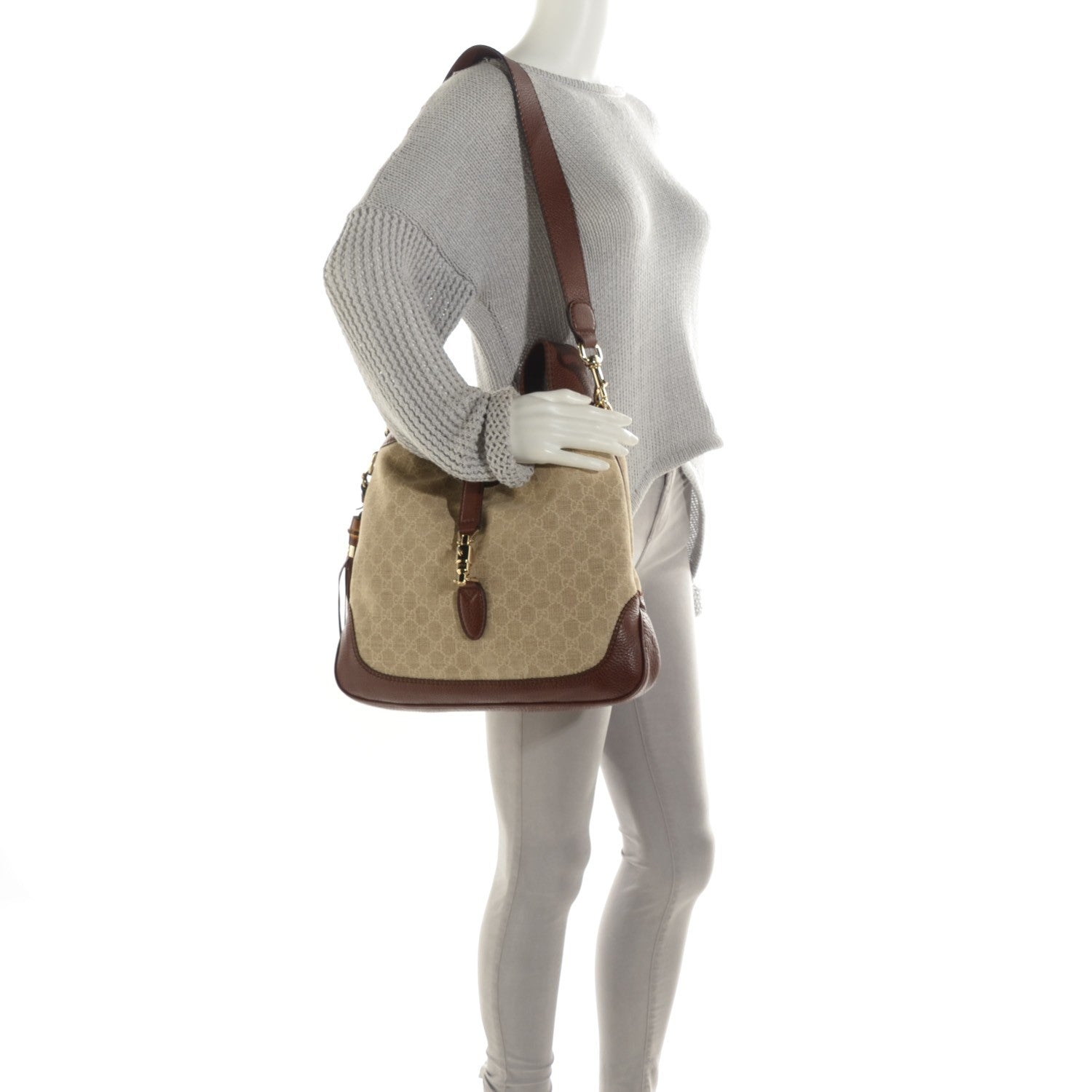 Gucci Linen Monogram Medium New Jackie Shoulder Bag Brown 2 of 7