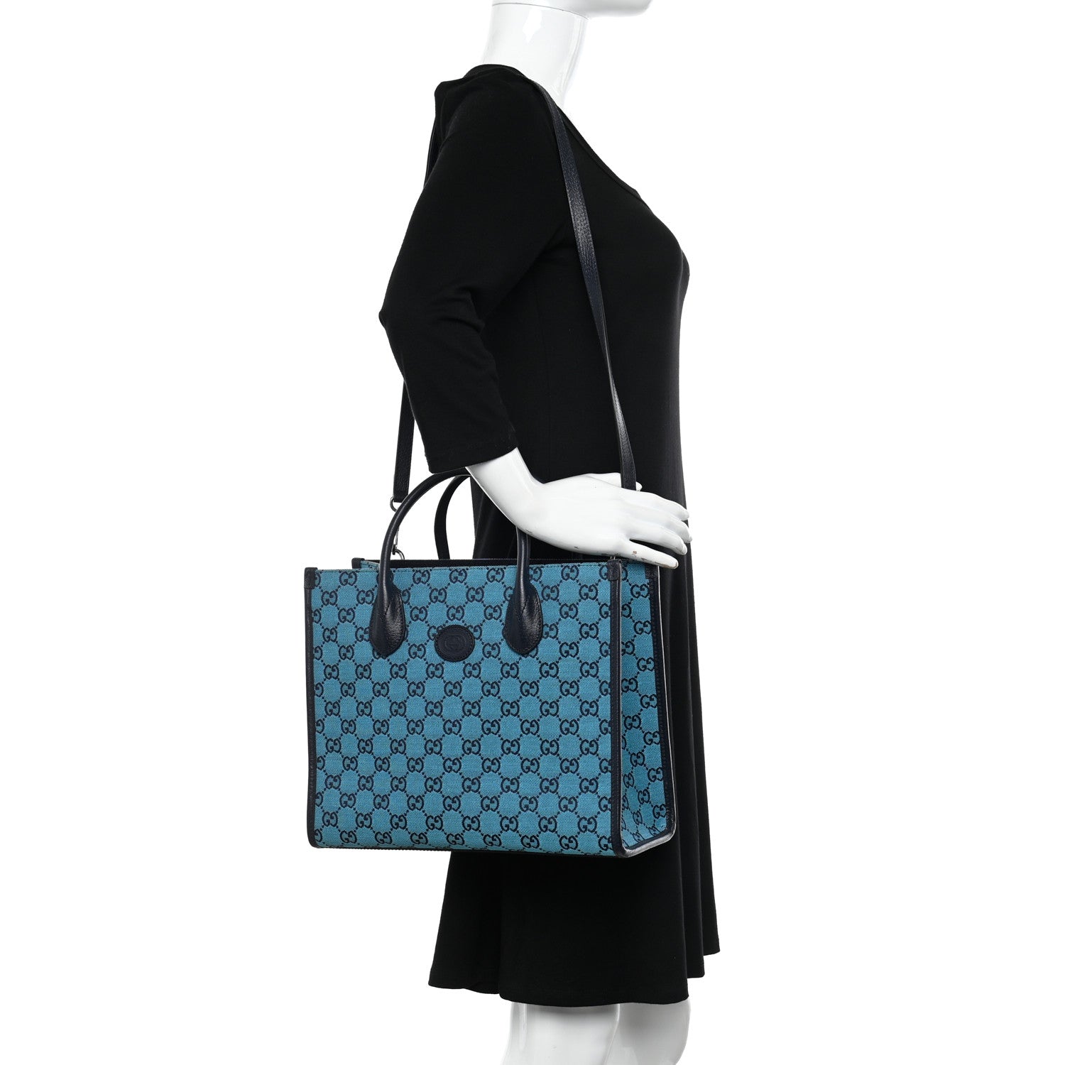 Gucci Monogram Multicolor Textured Dollar Calfskin Small Retro Interlocking G Tote Bag Light Blue 2 of 9