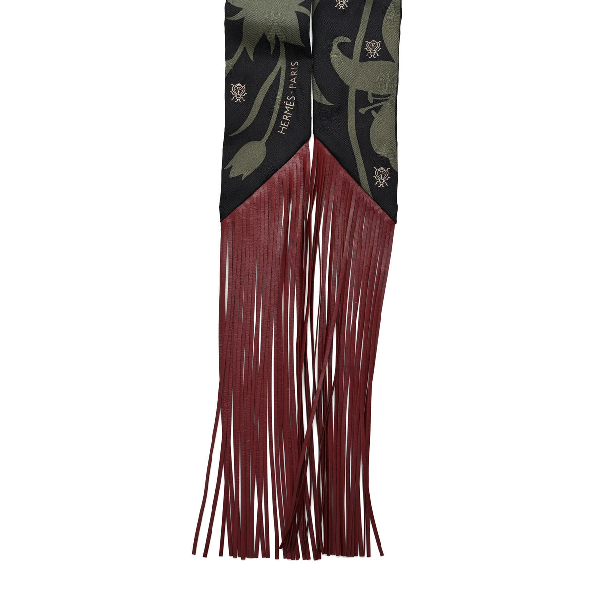 Silk Calfskin Bouquet Final Fringed Twilly Vert Loden Black