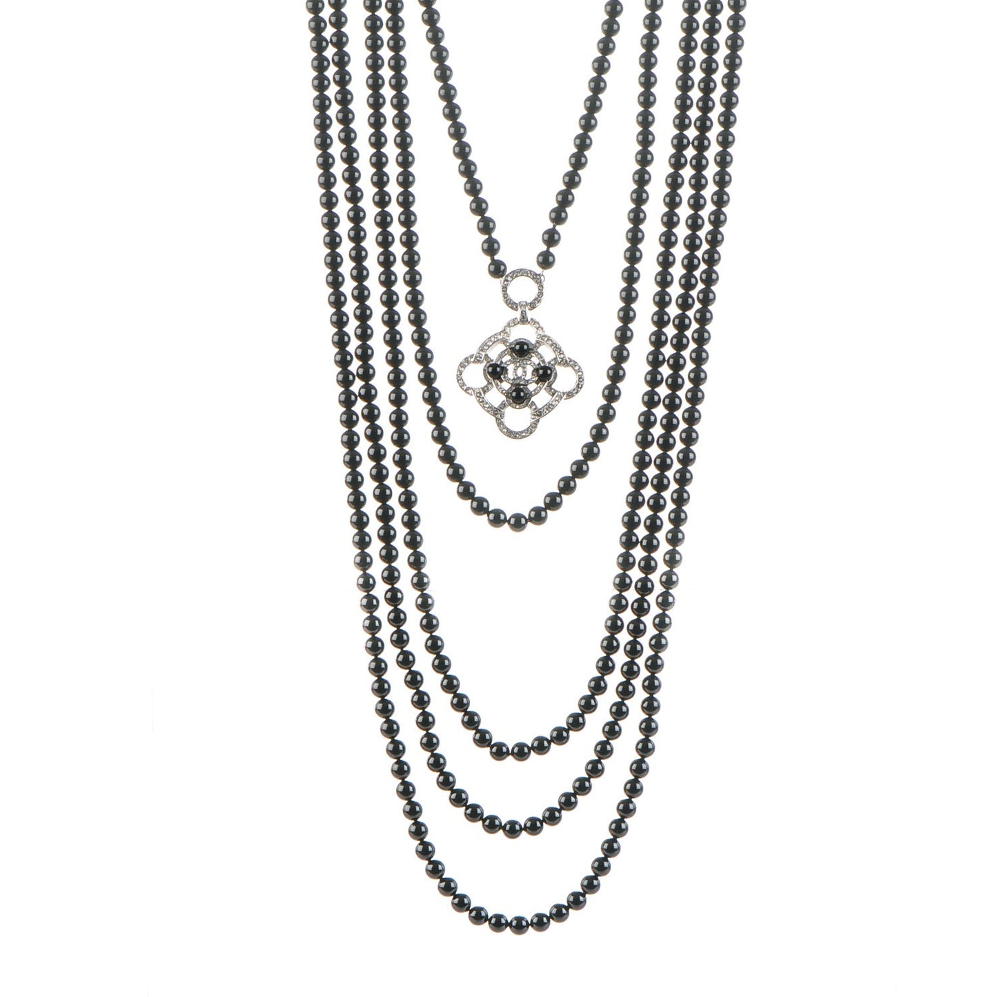 Bead Crystal Multi Strand CC Medallion Necklace Black Silver