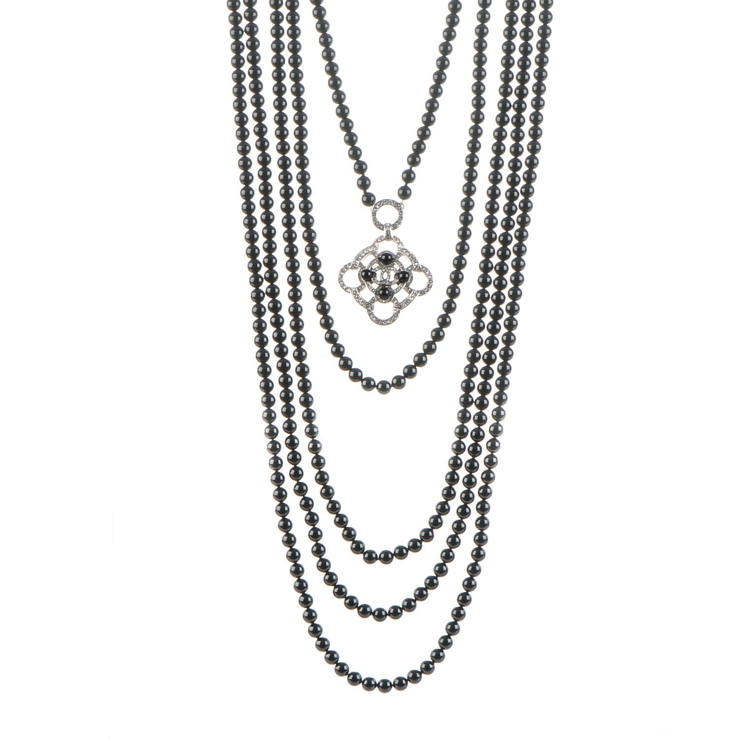 Chanel Bead Crystal Multi Strand CC Medallion Necklace Black Silver 1 of 5
