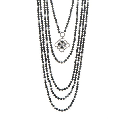 Chanel Bead Crystal Multi Strand CC Medallion Necklace Black Silver 1 of 5