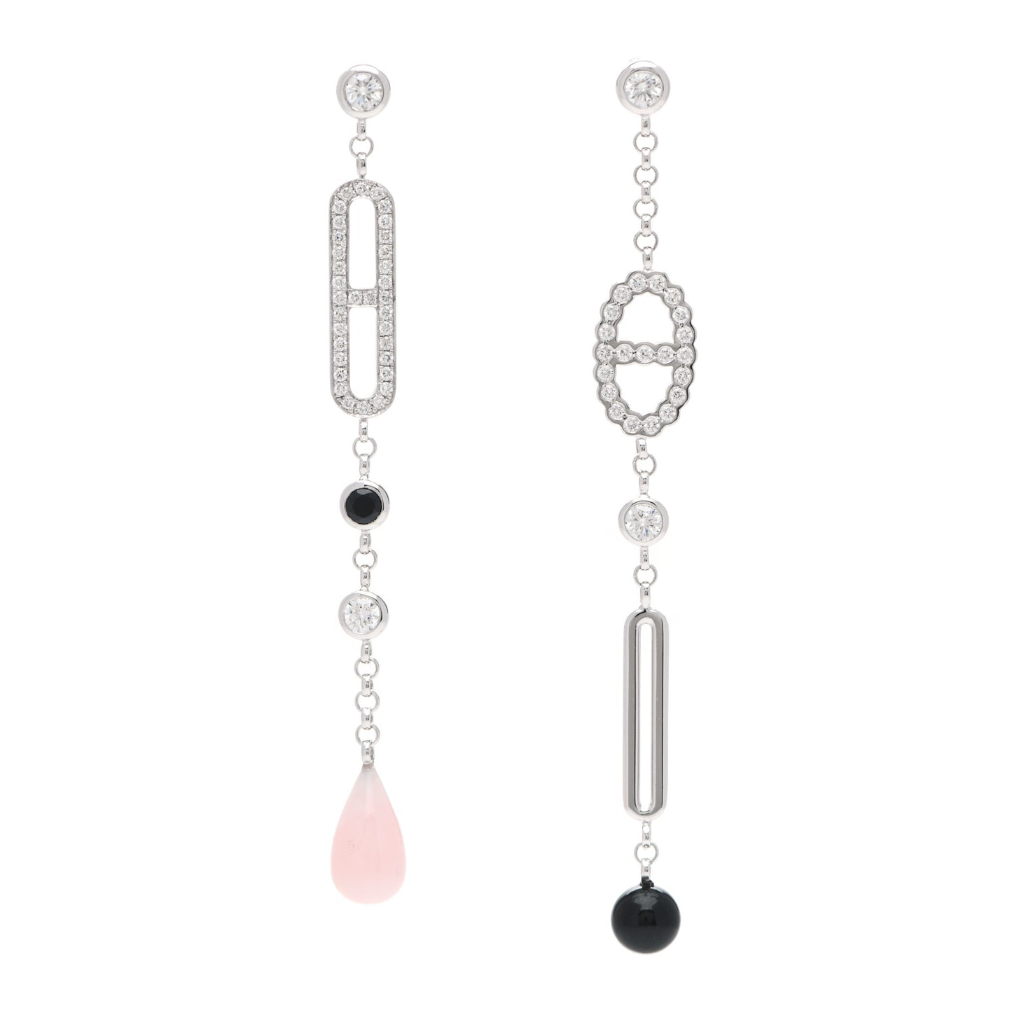 18K White Gold Diamond Black Jade Pink Opal Chaine Chaos Drop Earrings