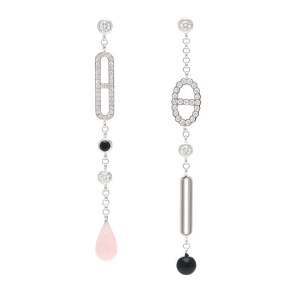 Hermes 18K White Gold Diamond Black Jade Pink Opal Chaine Chaos Drop Earrings 1 of 5