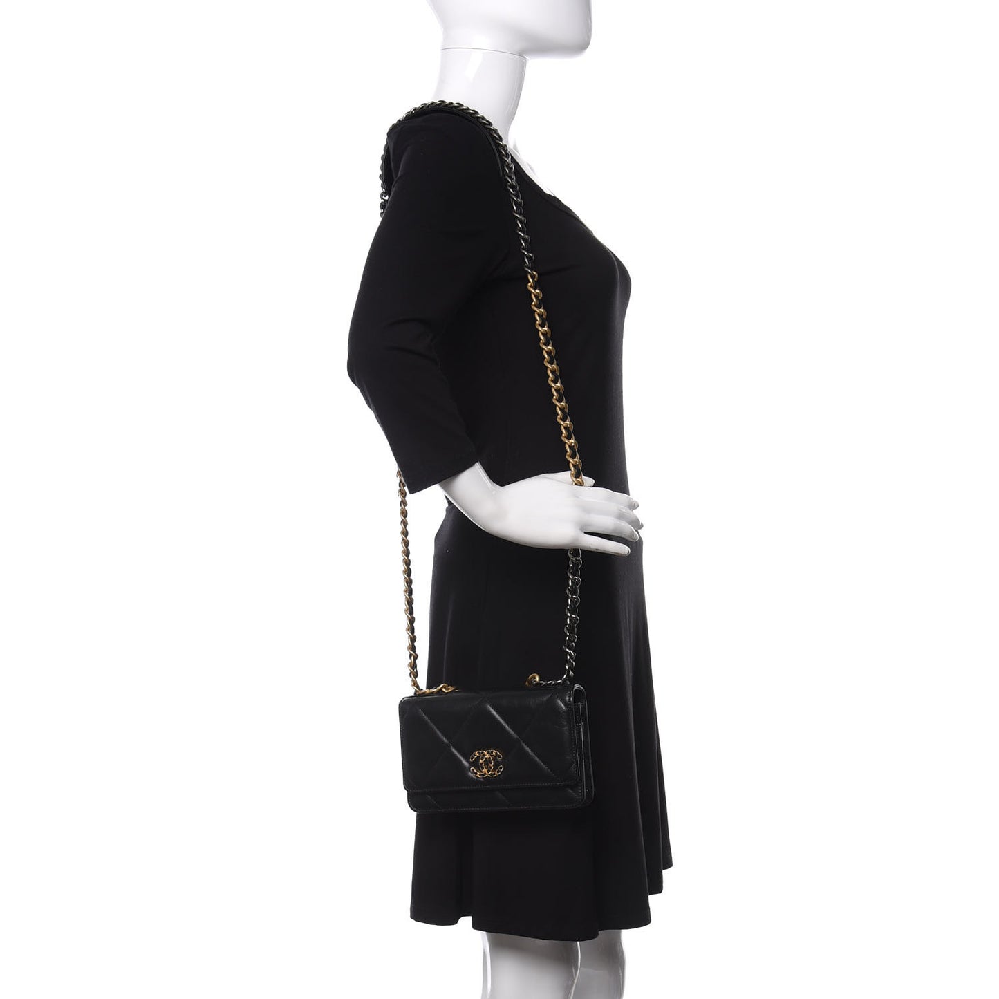 Shiny Goatskin Quilted Chanel 19 Wallet On Chain WOC Black