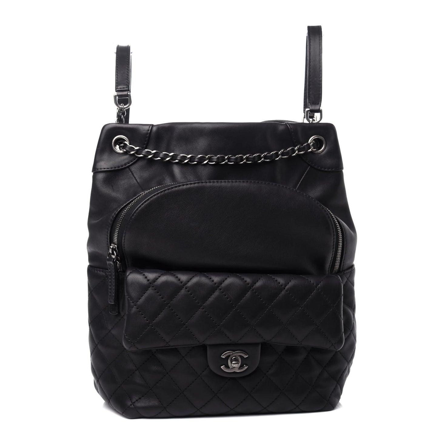 Metallic Lambskin Quilted Drawstring Backpack Black