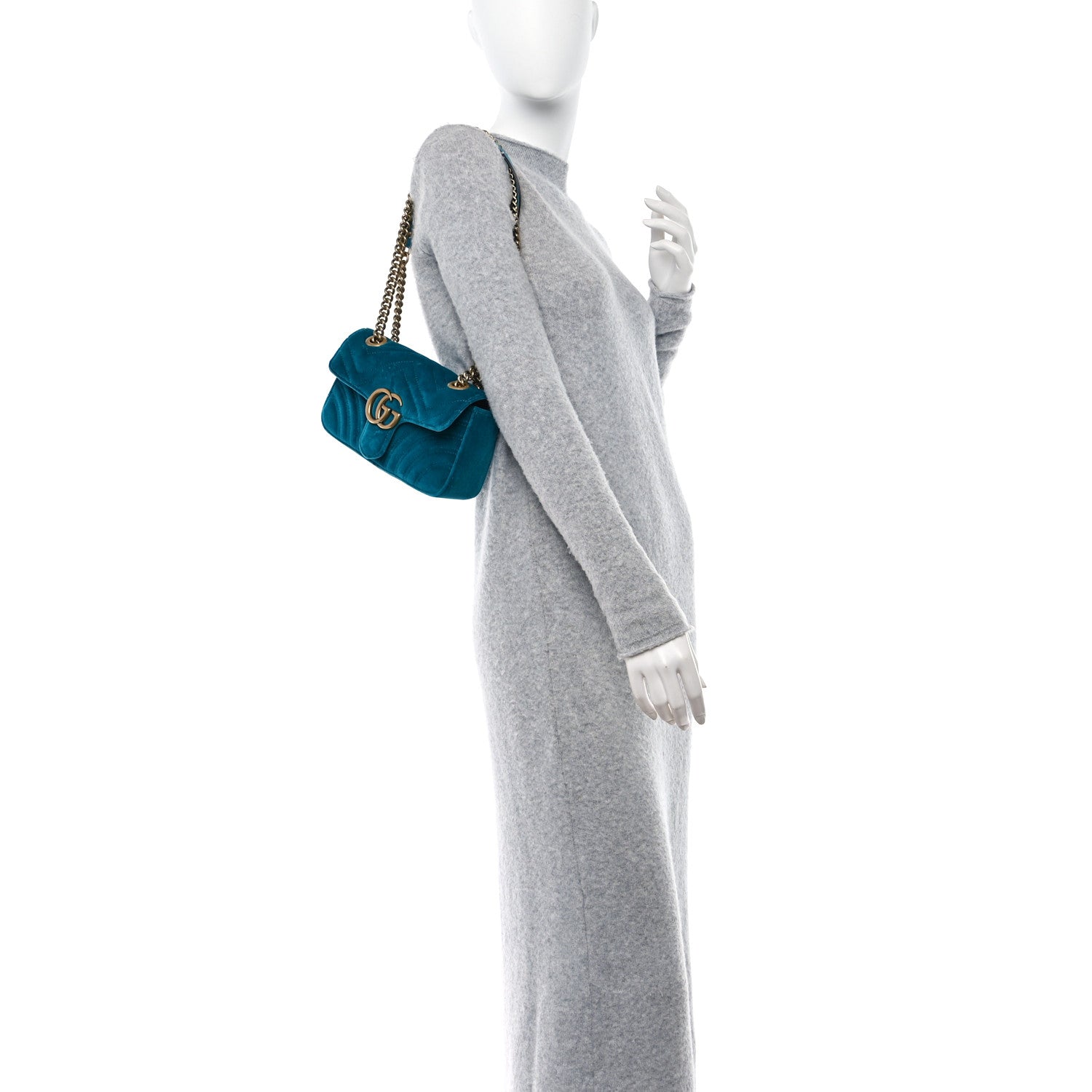 Gucci Velvet Matelasse Mini GG Marmont Shoulder Bag Pavone Cyan 2 of 14