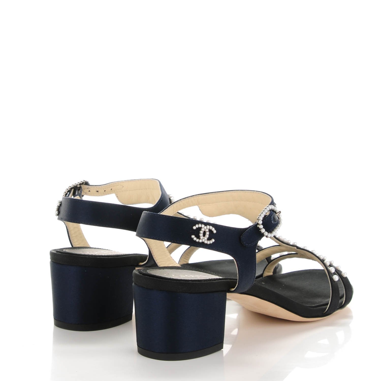 Chanel Satin Pearl Sandals 36.5 Navy Black 4 of 8