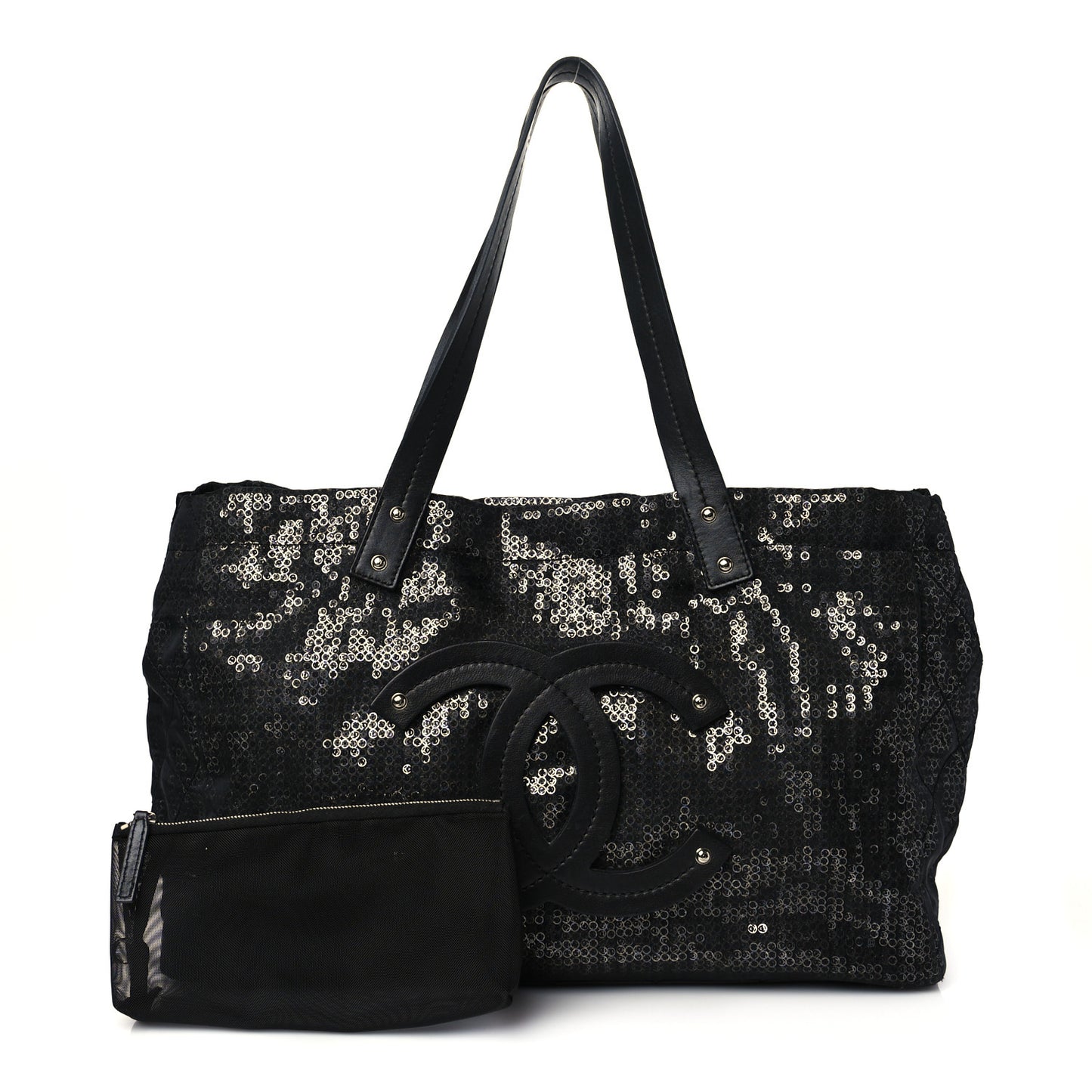 Calfskin Mesh Hidden Sequin CC Tote Black