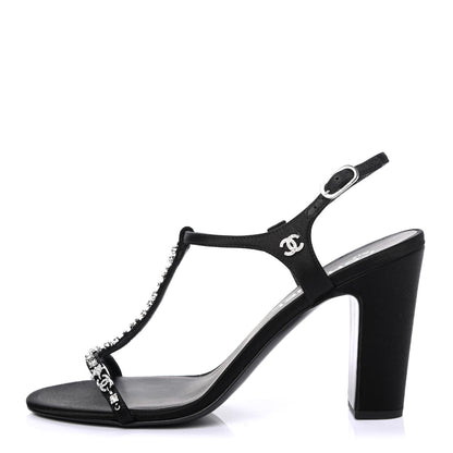Chanel Satin Crystal Slingback Sandals 38.5 Black 1 of 4