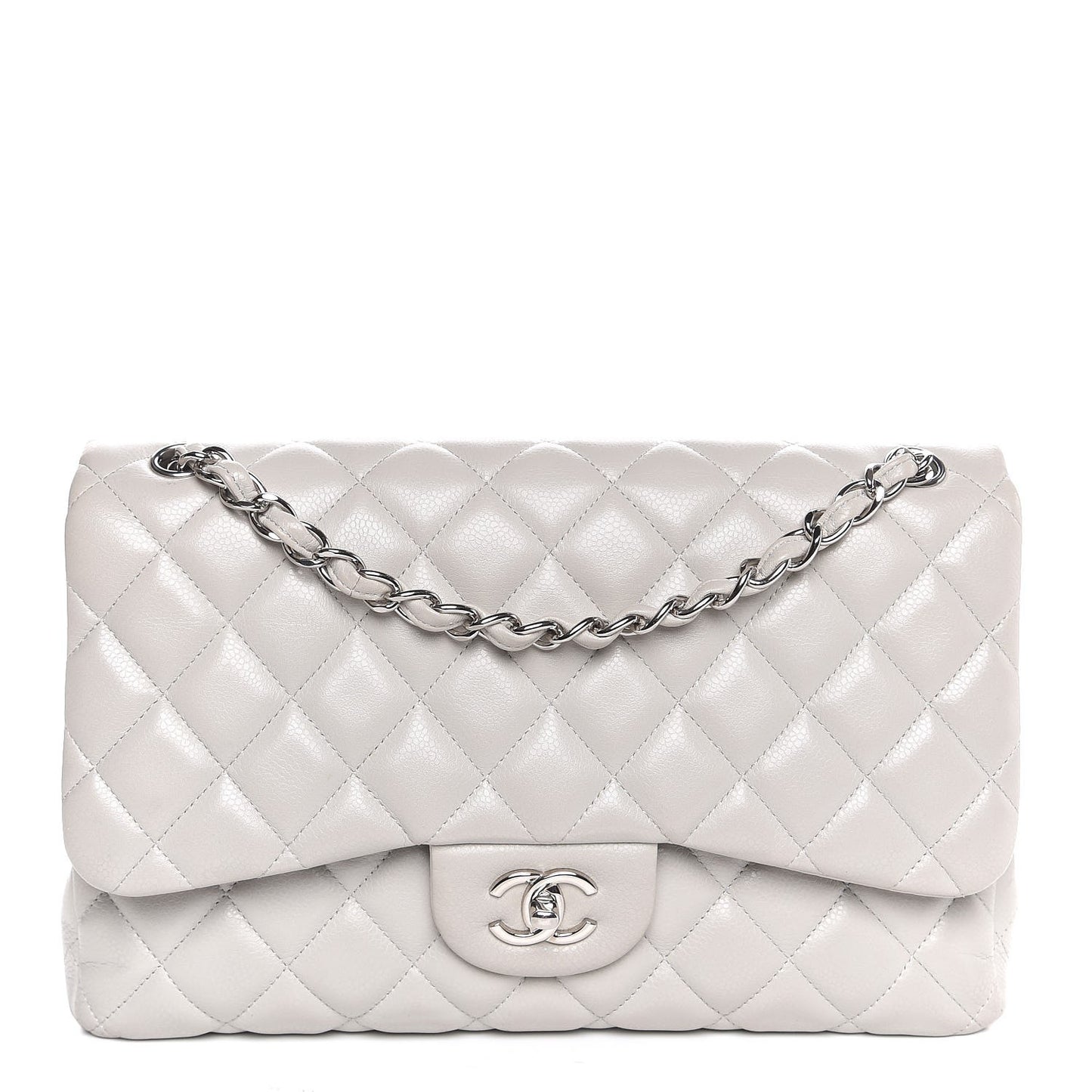 Caviar Quilted Jumbo Double Flap Light Grey