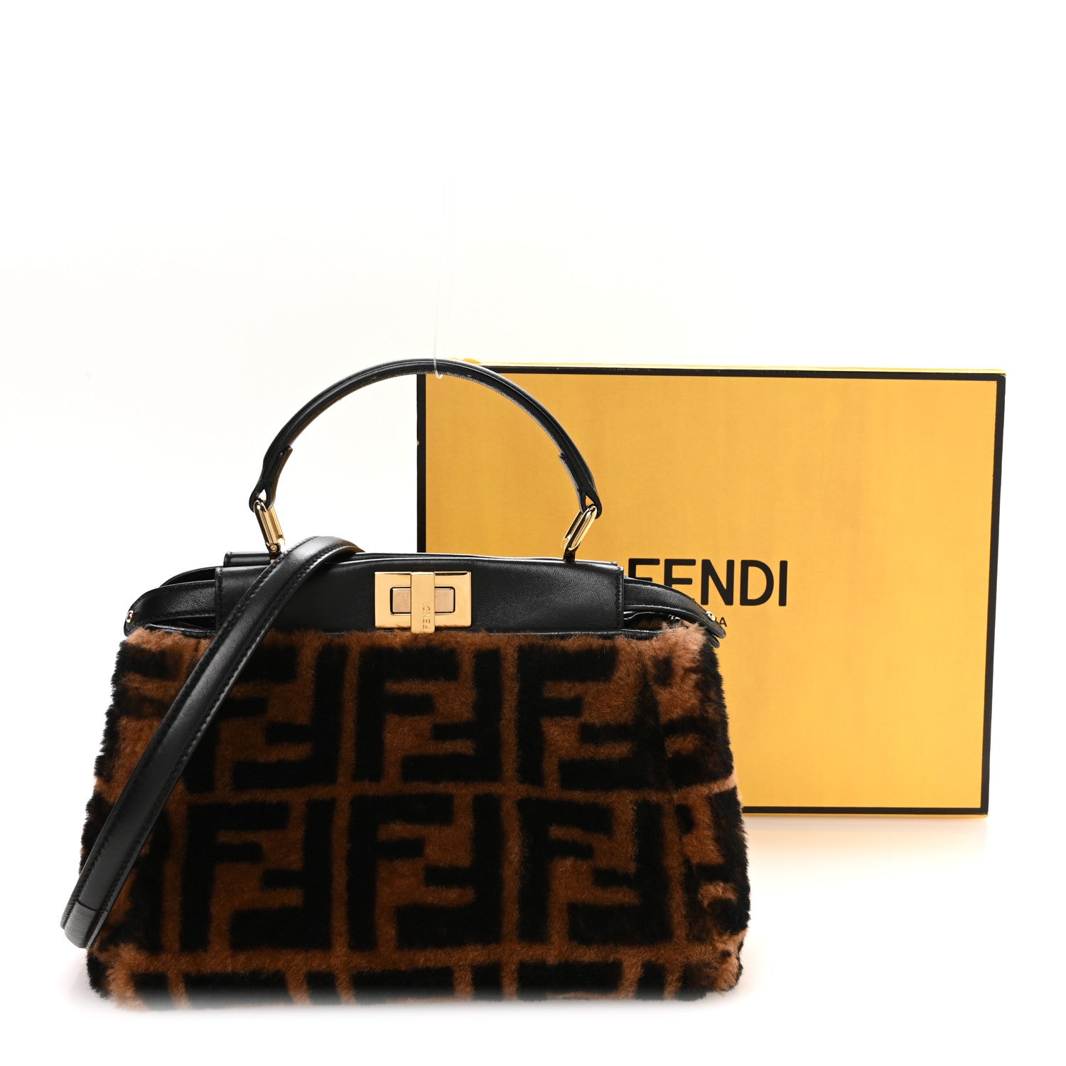Fendi Shearling Nappa Macro FF 1974 Mini Peekaboo Iconic Satchel Tobacco Black 12 of 12