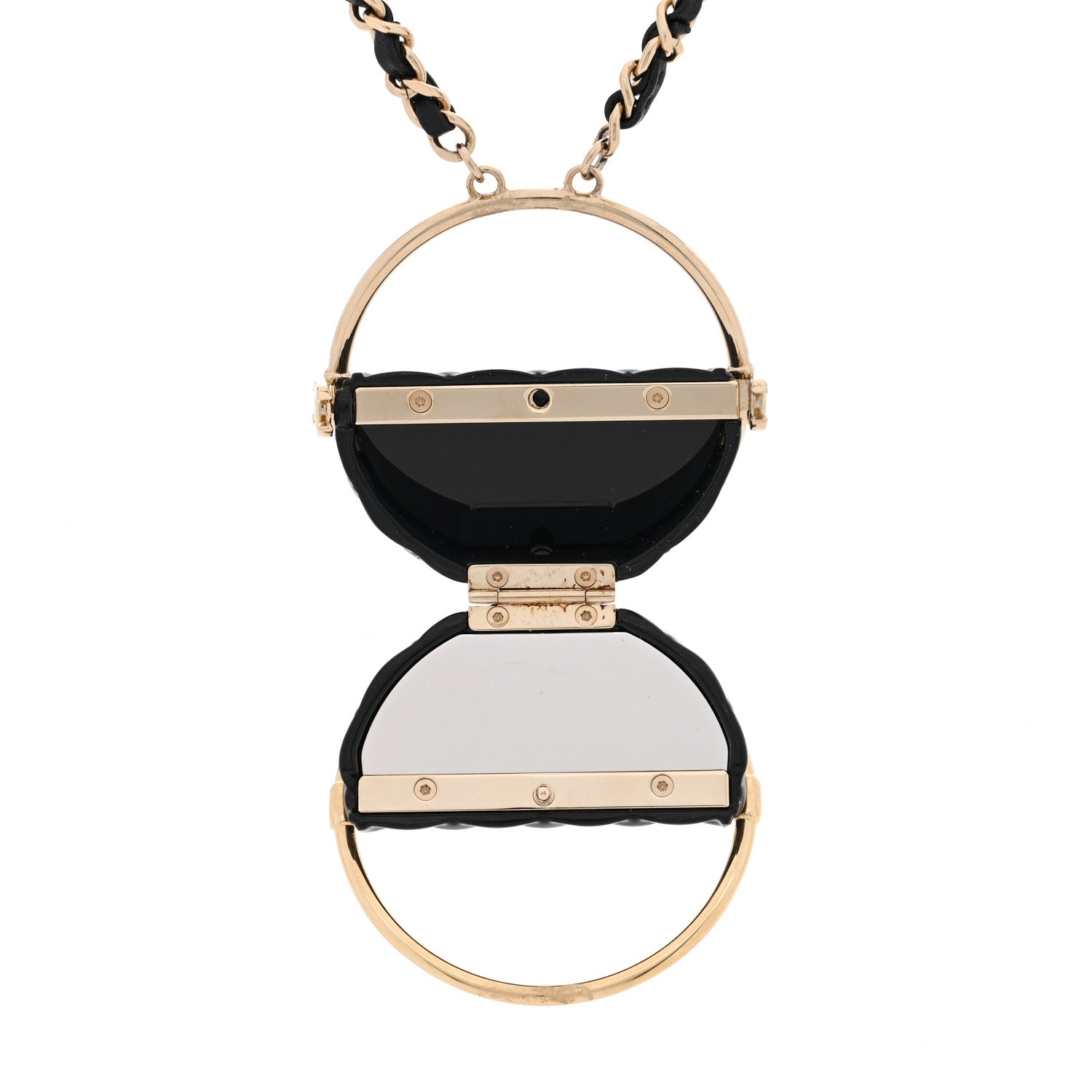 Chanel Metal Resin Quilted Flap Bag Hoop Mirror Necklace Black Gold 4 of 5