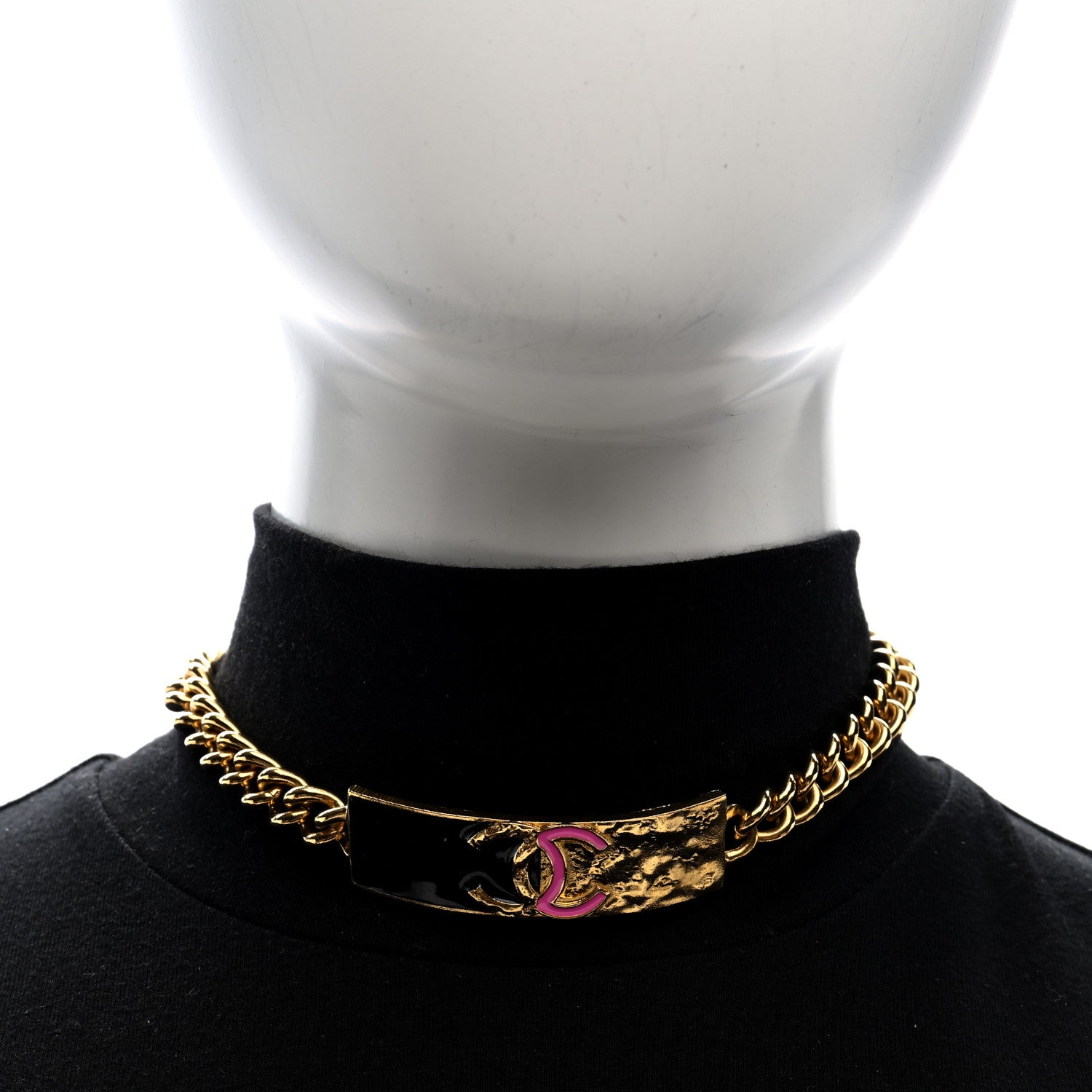 Chanel Metal Enamel CC ID Choker Necklace Gold Black Pink 2 of 5