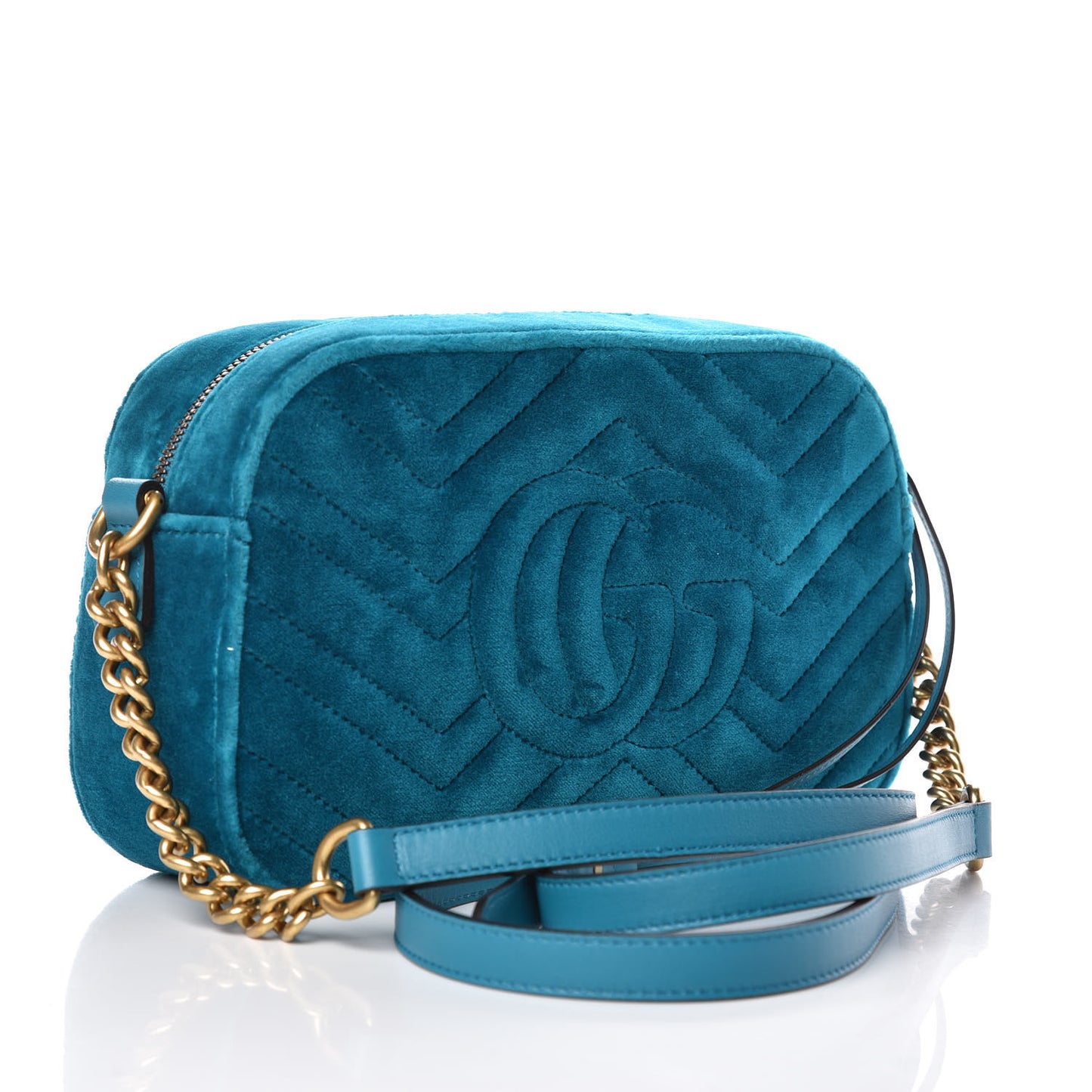 Velvet Matelasse Small GG Marmont Chain Shoulder Bag Pavone Cyan