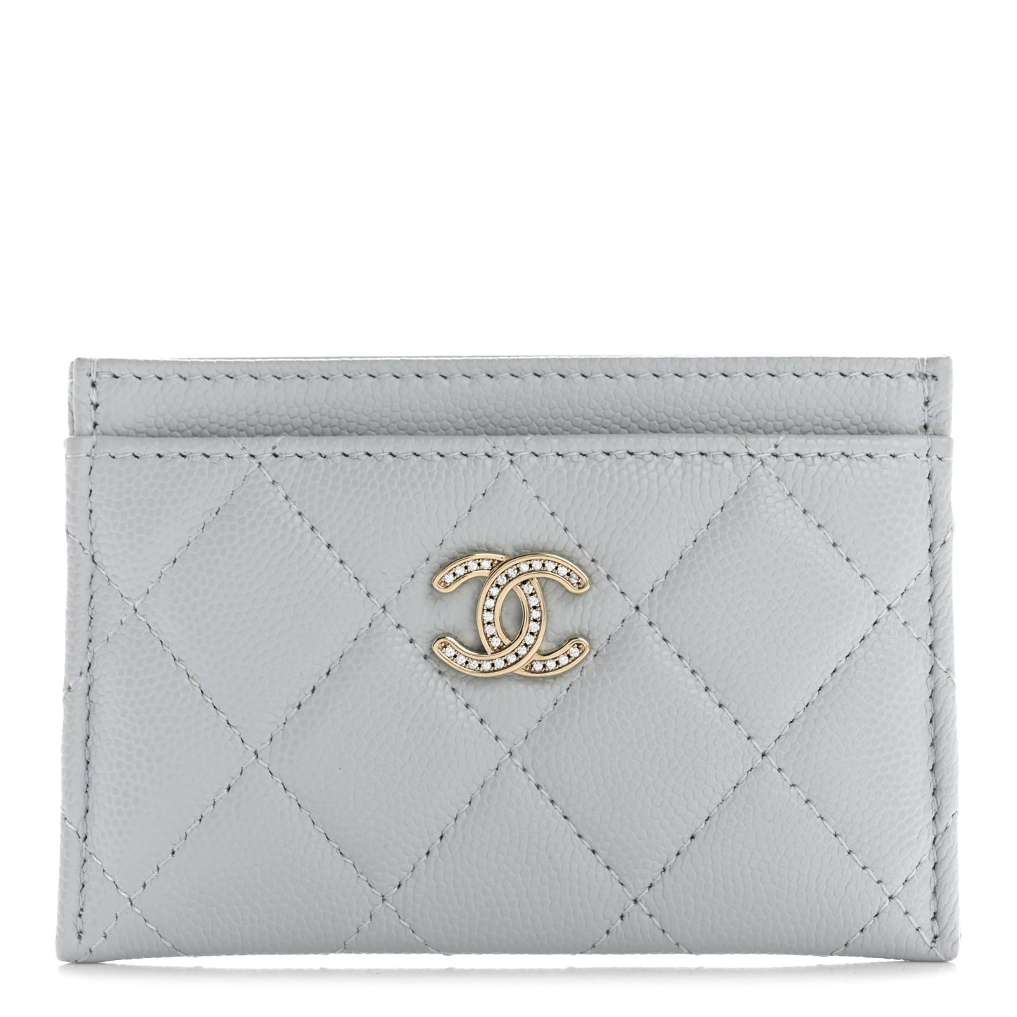 Caviar Quilted Crystal CC Logo Card Holder Light Blue