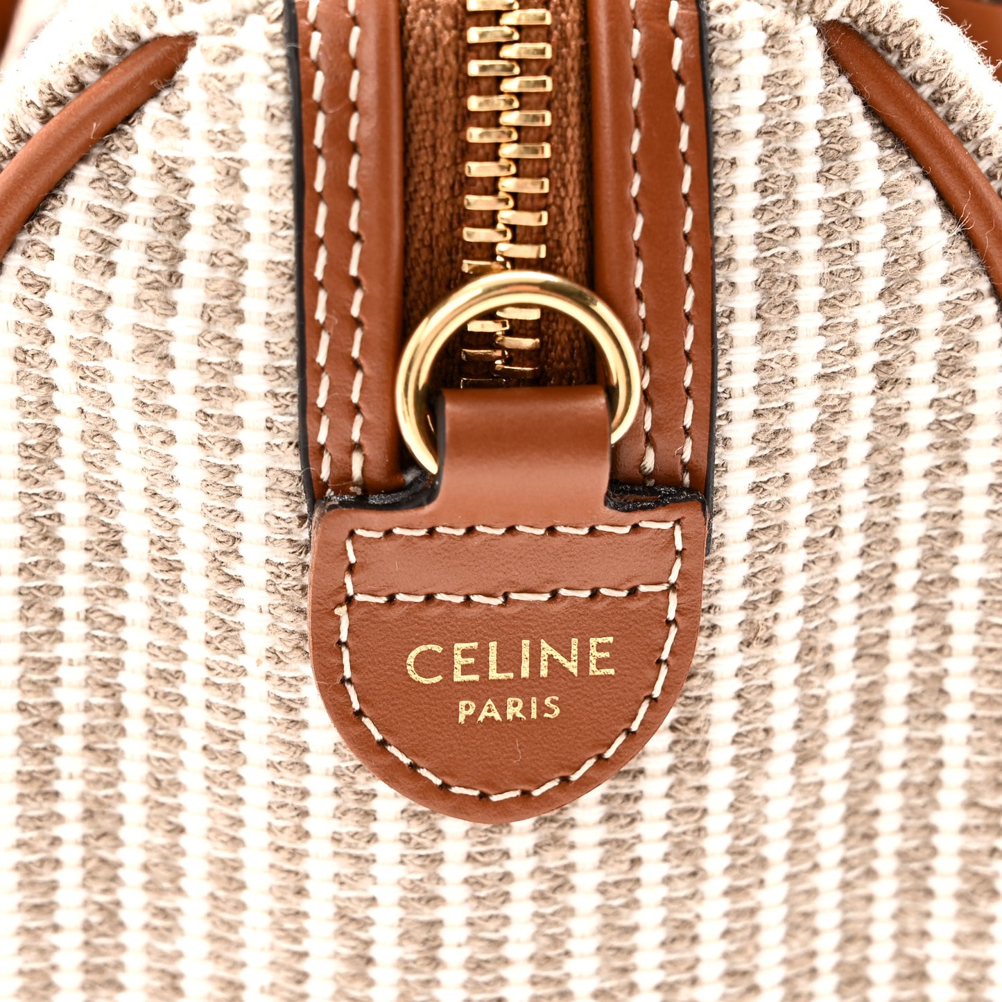 Triomphe Textile Calfskin Striped Small Boston Bag Natural Tan