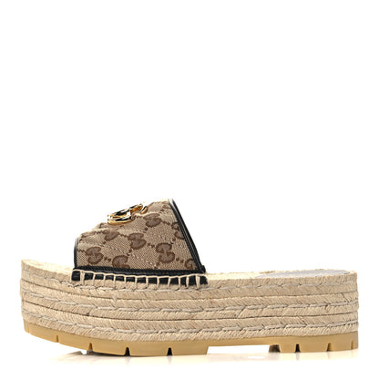 Gucci Monogram Matelasse Diagonal GG Marmont Platform Espadrille Slide Sandals 36 Beige Ebony Black 1 of 9