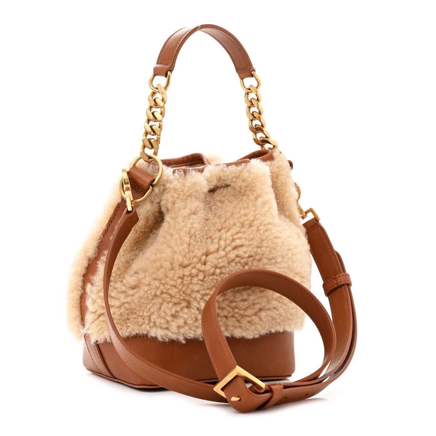 Shearling Calfskin Small Emmanuelle Bucket Bag Natural Beige Brick
