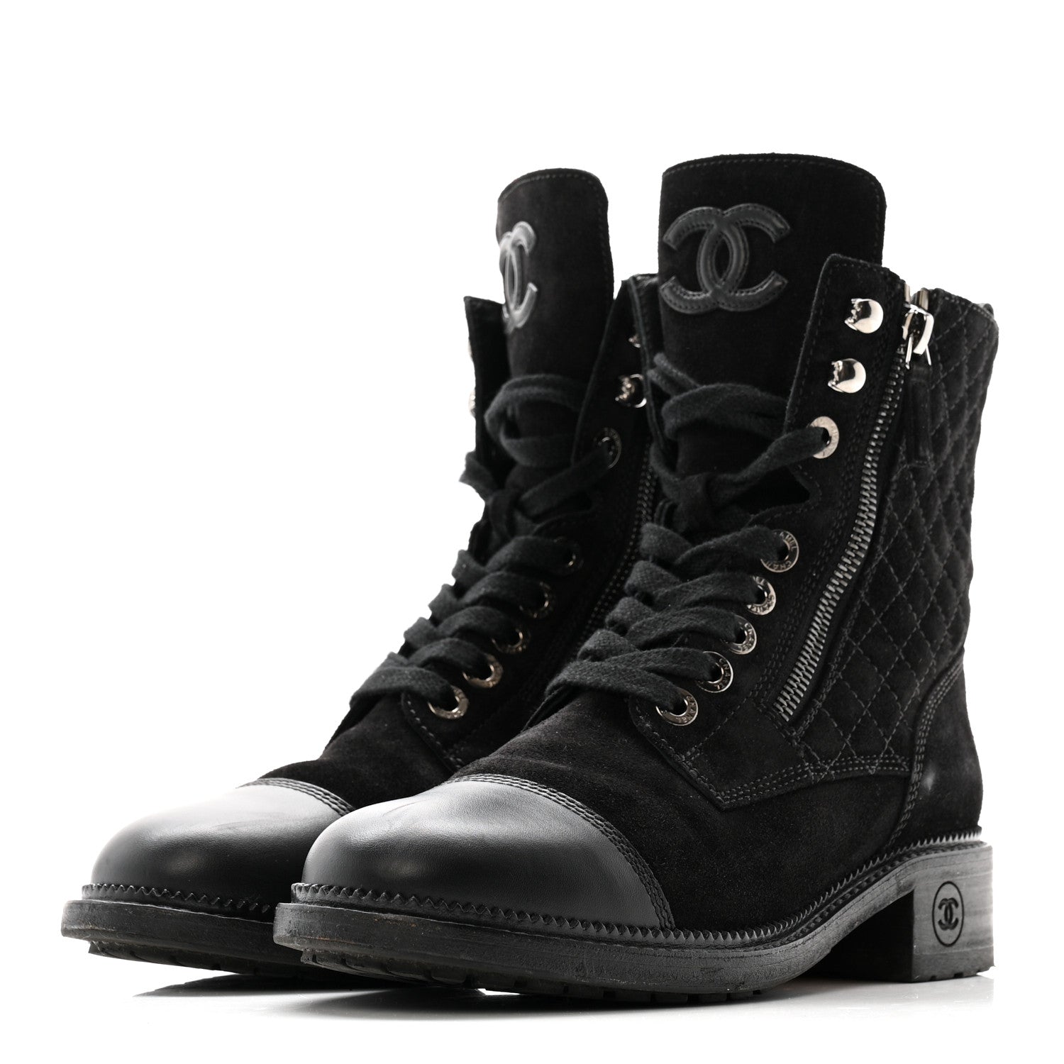 Chanel Suede Calfskin Quilted Lace Up Boots 38 Black 7 of 22