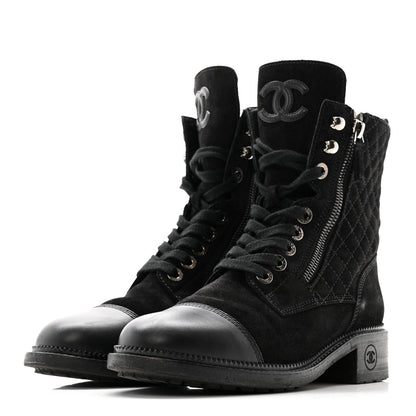 Chanel Suede Calfskin Quilted Lace Up Boots 38 Black 7 of 22
