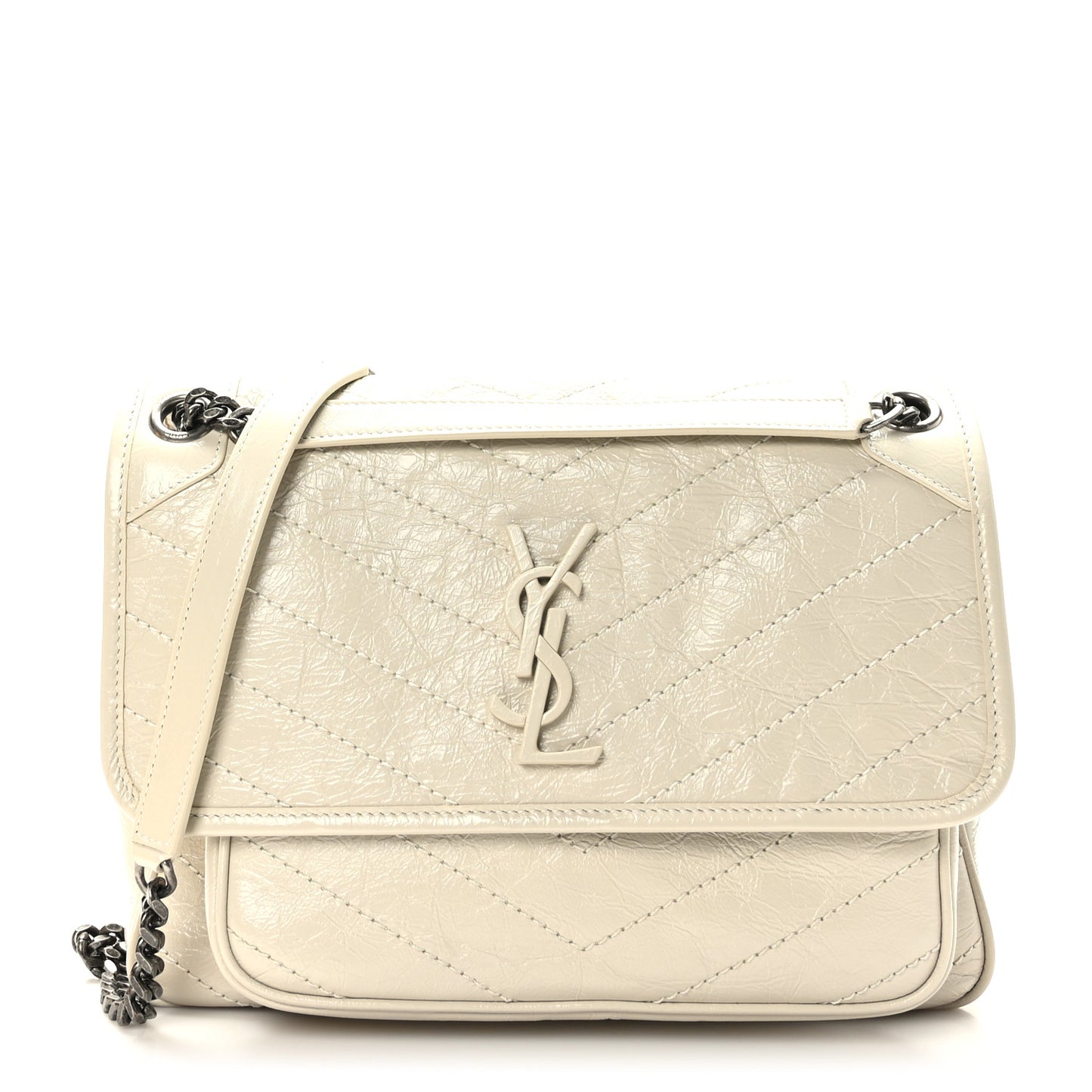 Crinkled Calfskin Matelasse Monogram Medium Niki Chain Satchel Blanc Vintage