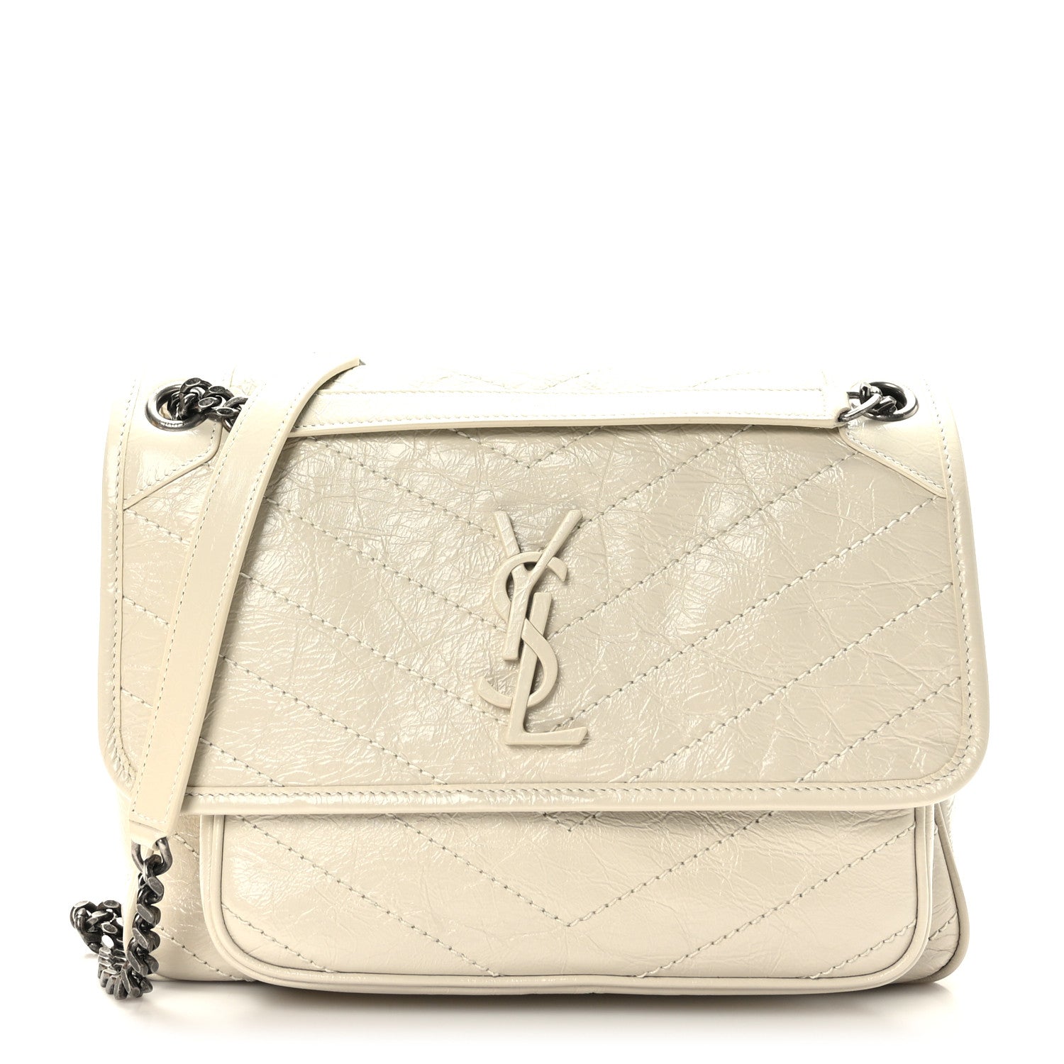 Saint Laurent Crinkled Calfskin Matelasse Monogram Medium Niki Chain Satchel Blanc Vintage 1 of 9