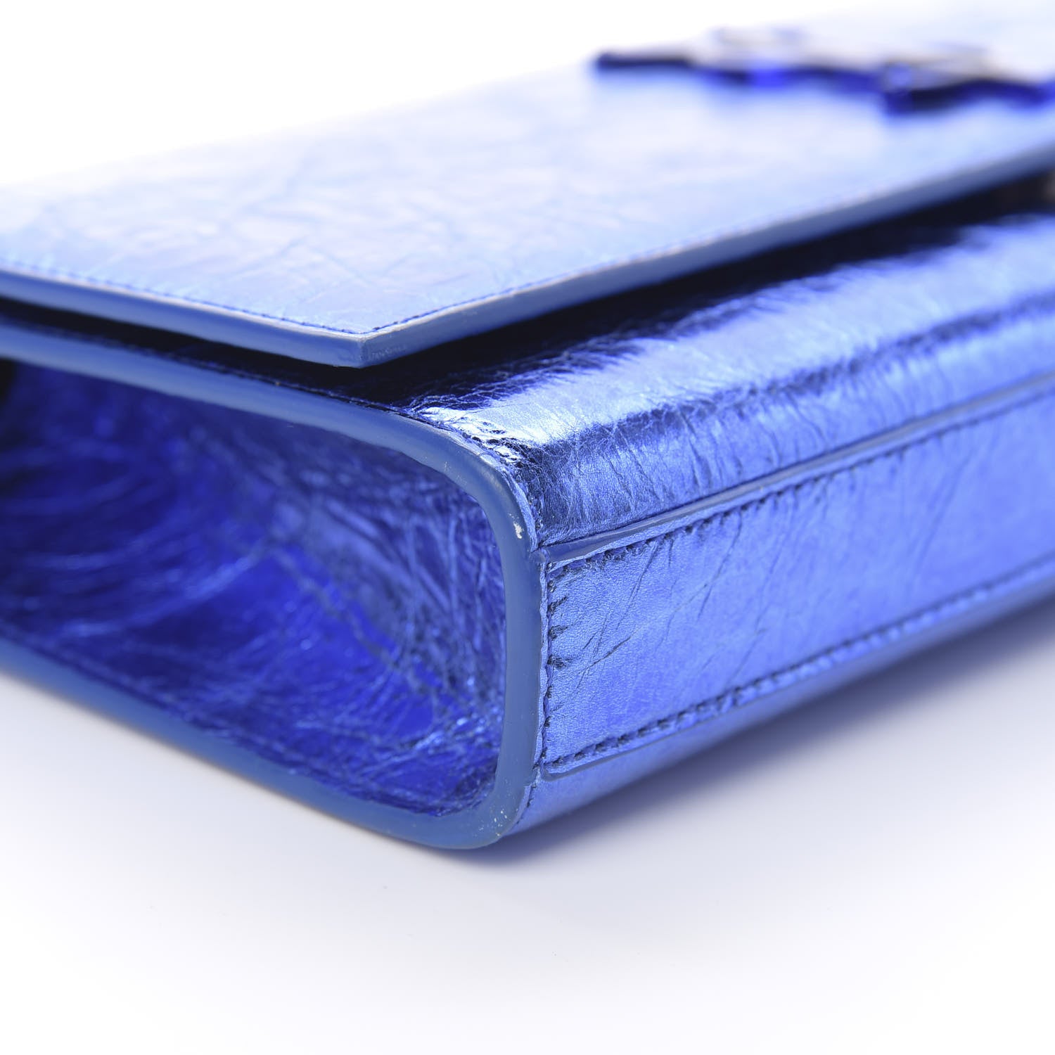 Saint Laurent Metallic Crinkled Calfskin Classic Monogram Cassandre Clutch Blue 8 of 9