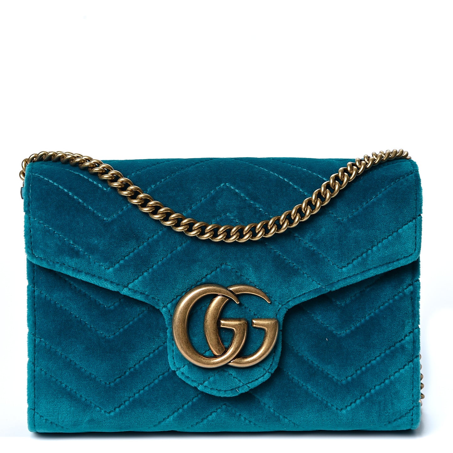Velvet Matelasse GG Marmont Chain Wallet Pavone Cyan