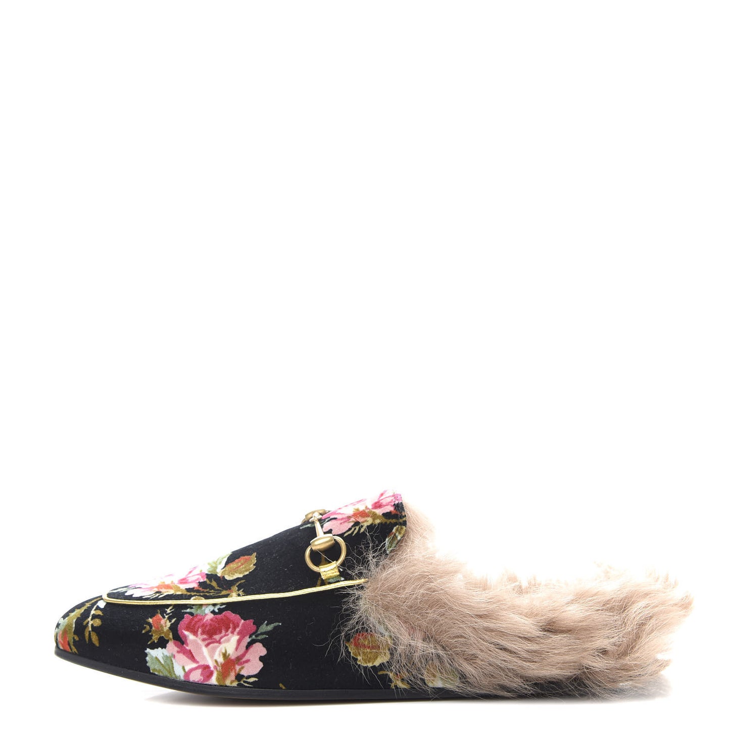 Velvet Fur Floral Womens Princetown Slippers 39.5 Black