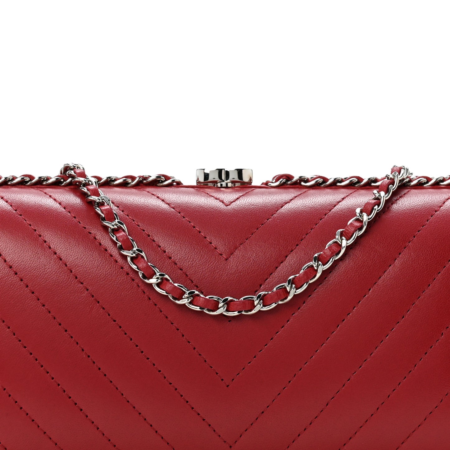 Lambskin Chevron Quilted Chain Around Clutch Dark Red
