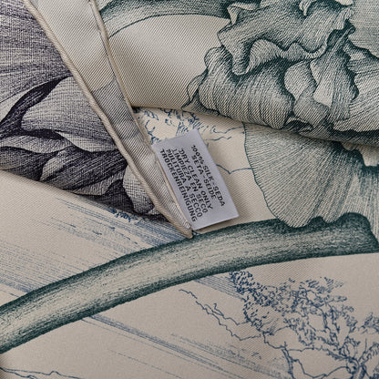 Hermes Silk A L'Ombre Des Pivoine Scarf 90 Ivory Turquoise Vert 4 of 4