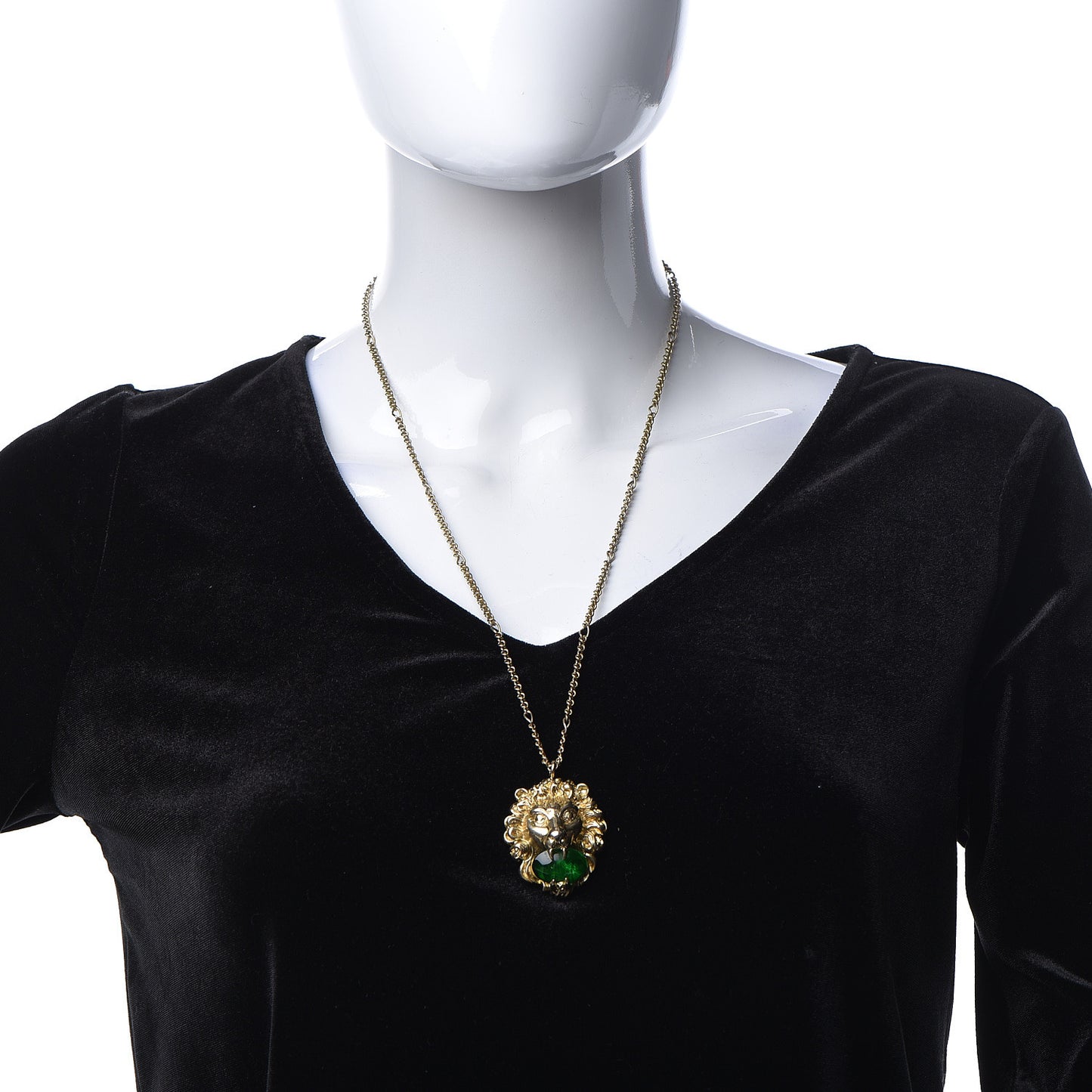 Metal Brass Swarovski Lion Head Necklace Gold Green