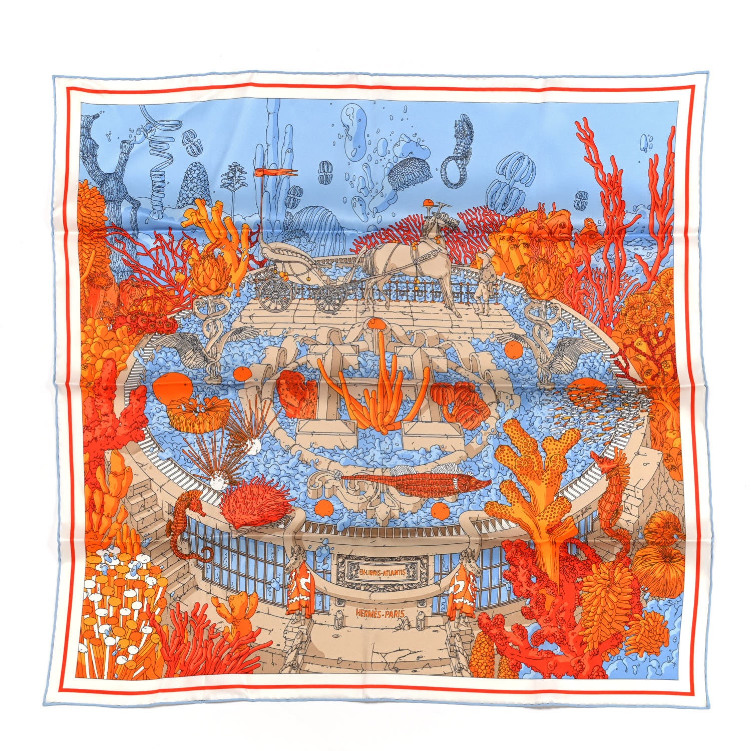 Hermes Vintage Silk Ex Libris Atlantis Scarf 70 Ciel Orange Mastic 1 of 5
