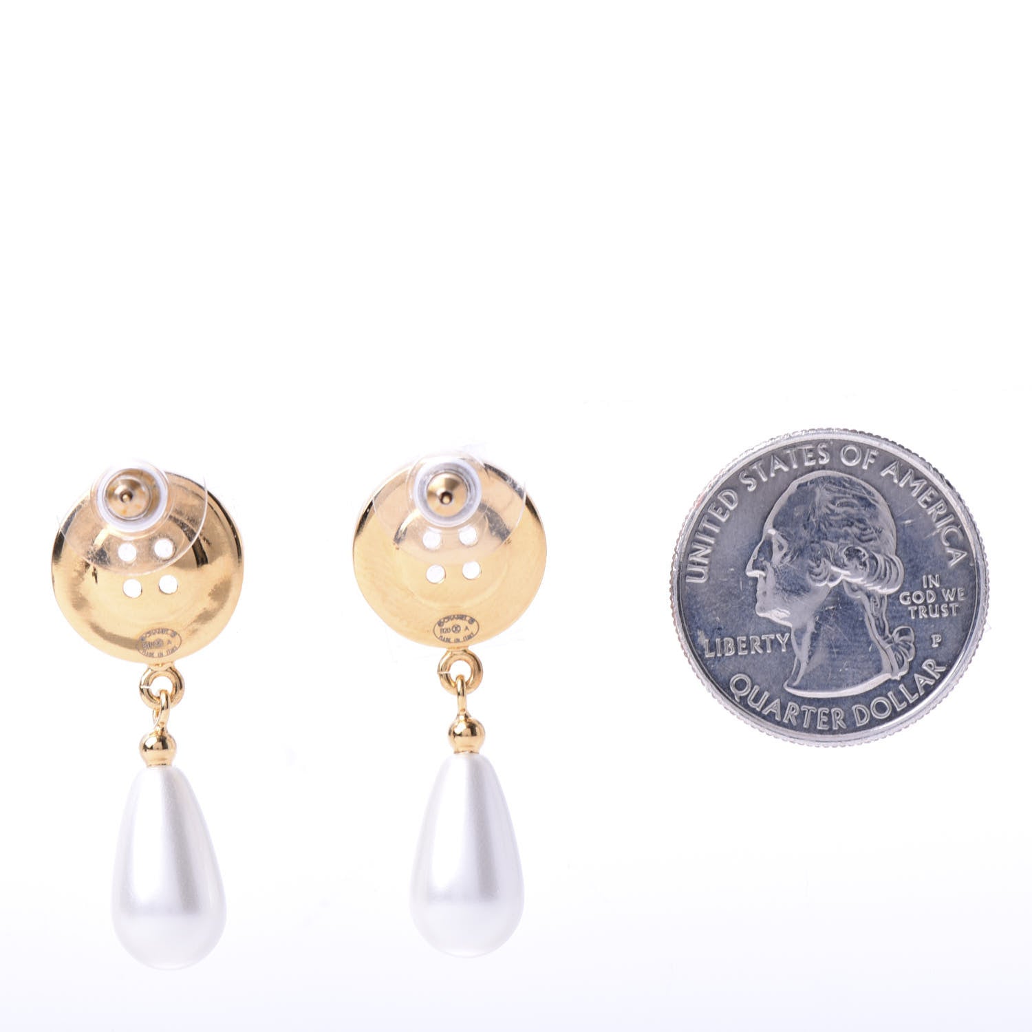 Chanel Metal Pearl Paris Button Drop Earrings Gold 2 of 5