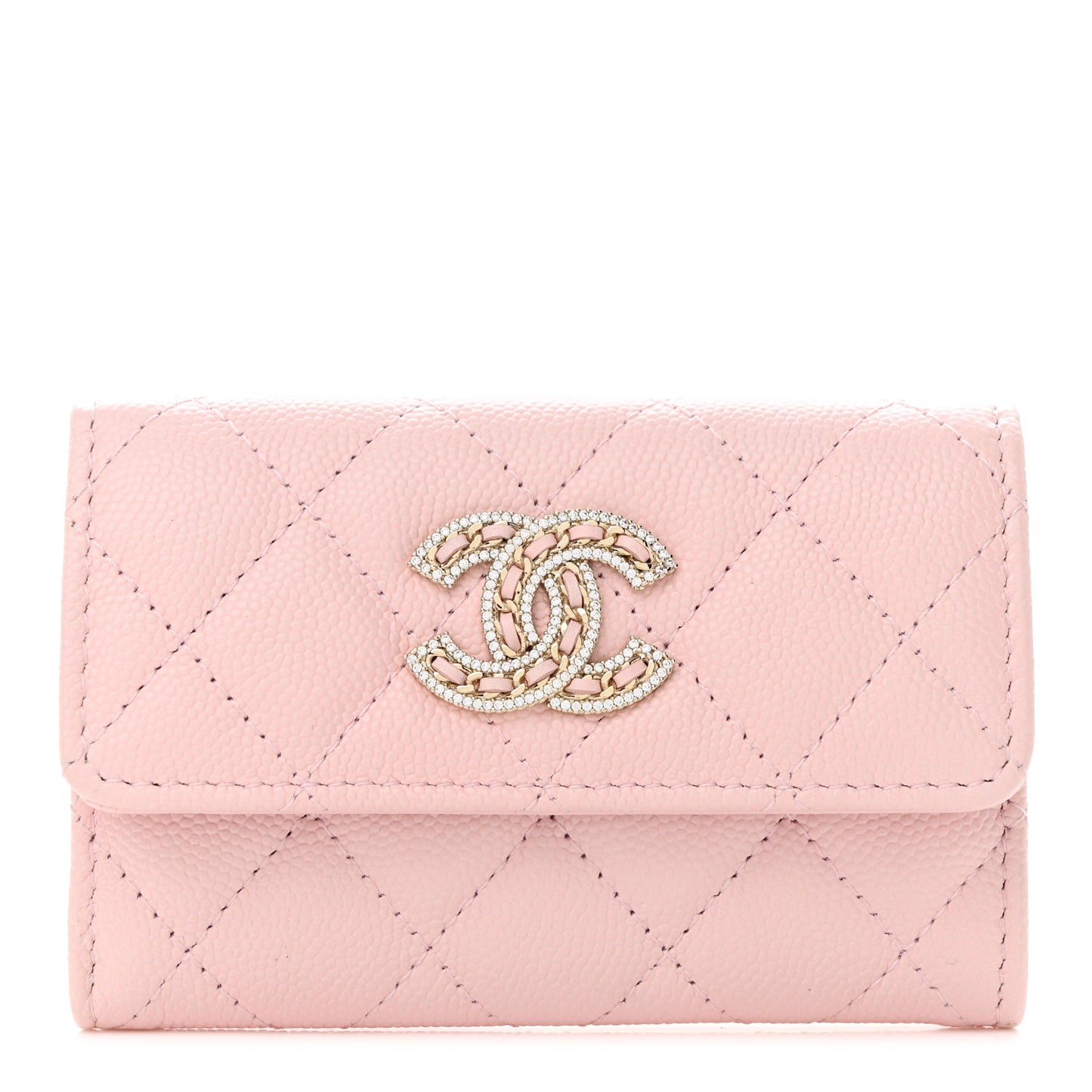 Caviar Quilted Crystal CC Flap Card Holder Pink