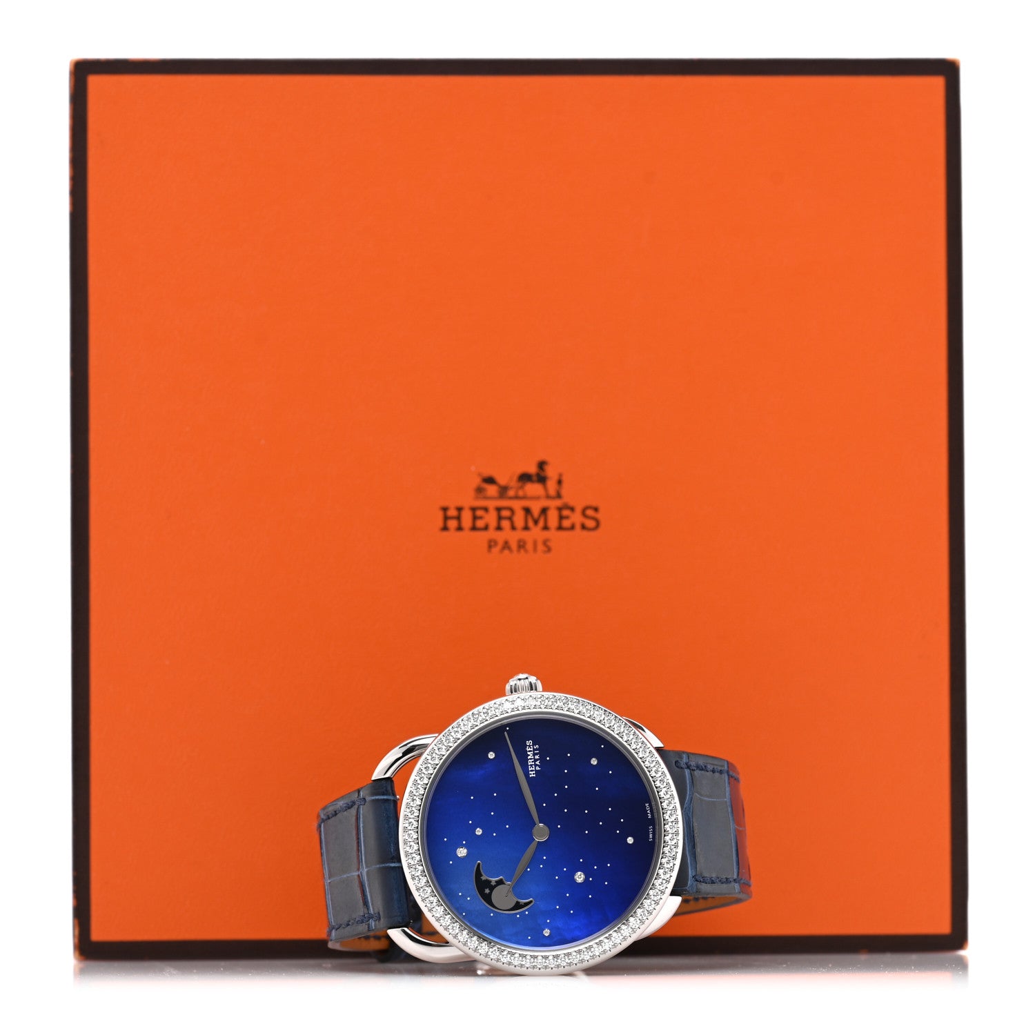 Hermes Stainless Steel Alligator Diamond Bezel Blue Mother of Pearl 38mm Arceau Petite Lune Automatic Watch Bleu Saphir 5 of 5