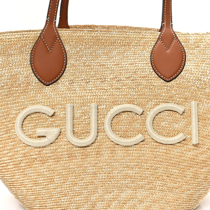 Gucci Straw Calfskin Medium Logo Patch Tote Natural Tan 8 of 10